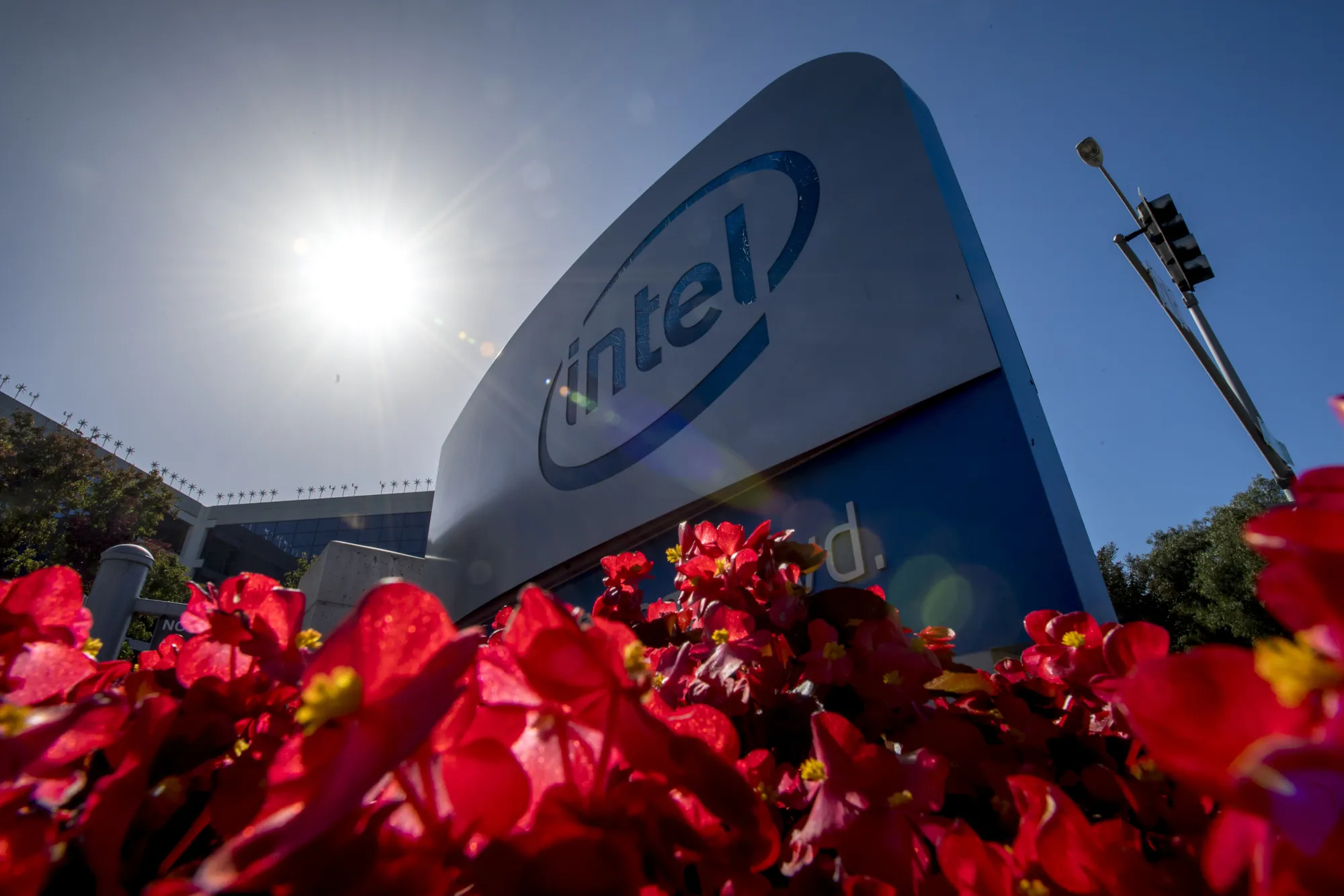 Intel Corp. signage is displayed at the entrance to the company's headquarters in Santa Clara, California.