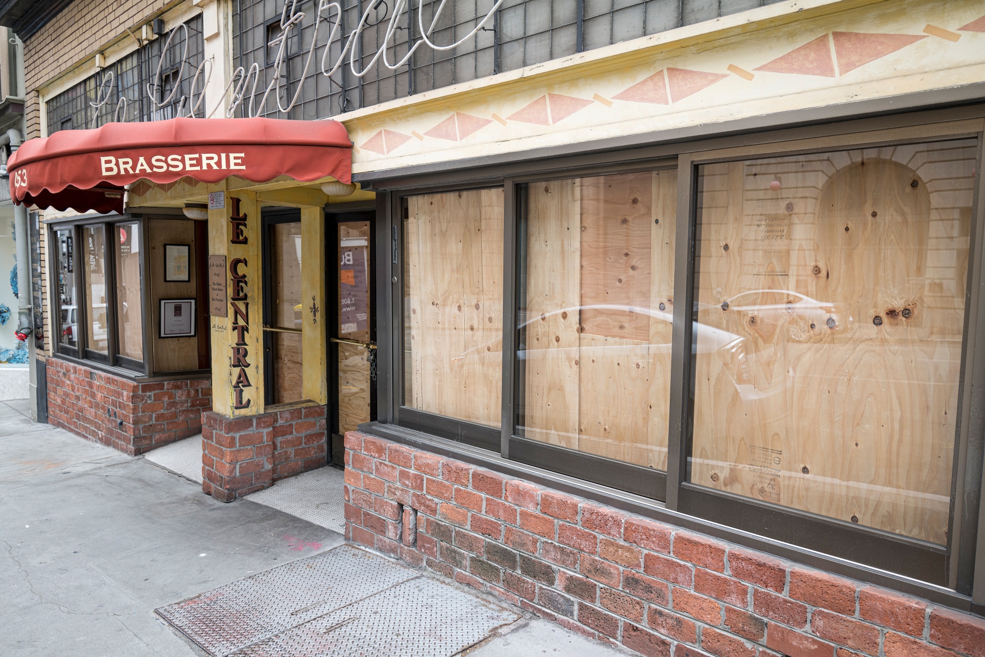 A boarded up Le Central Bistro stands in San Francisco, California, U.S.