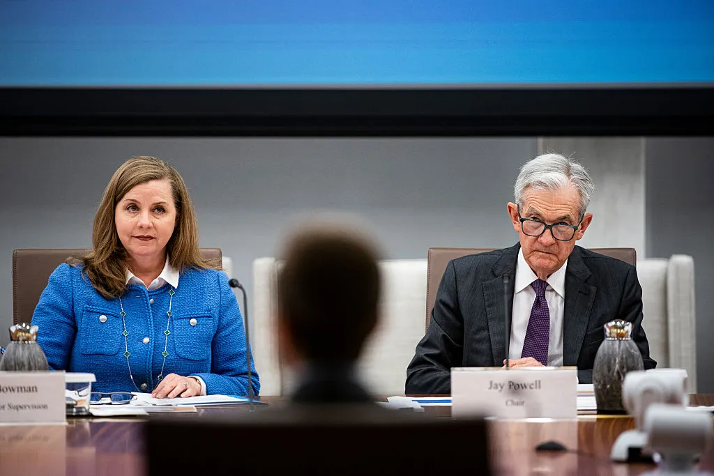Michelle Bowman, vice chair for supervision at the US Federal Reserve, left, and Chair Jerome Powell.