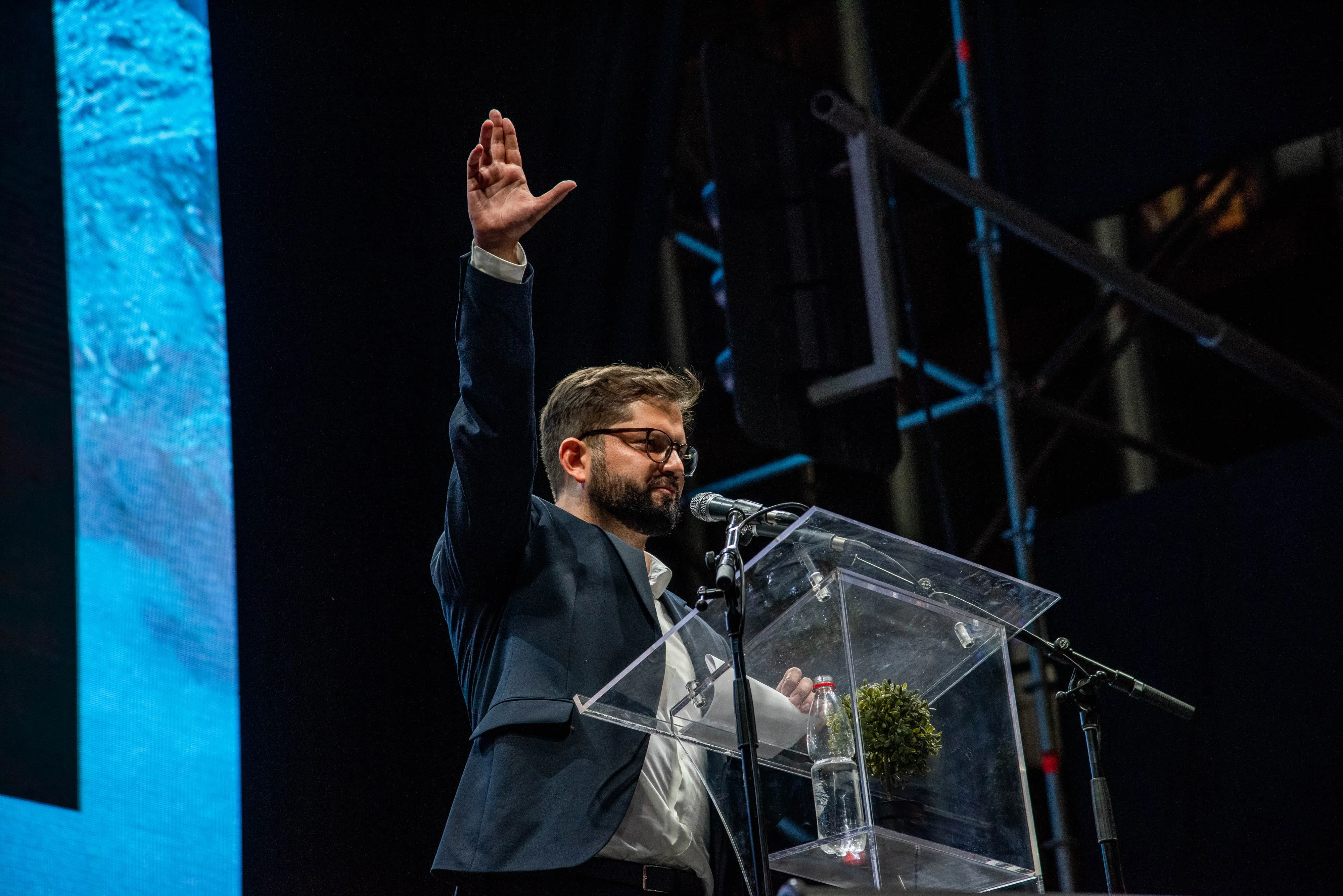 Gabriel Boric gives his acceptance speech after winning the presidency in December.