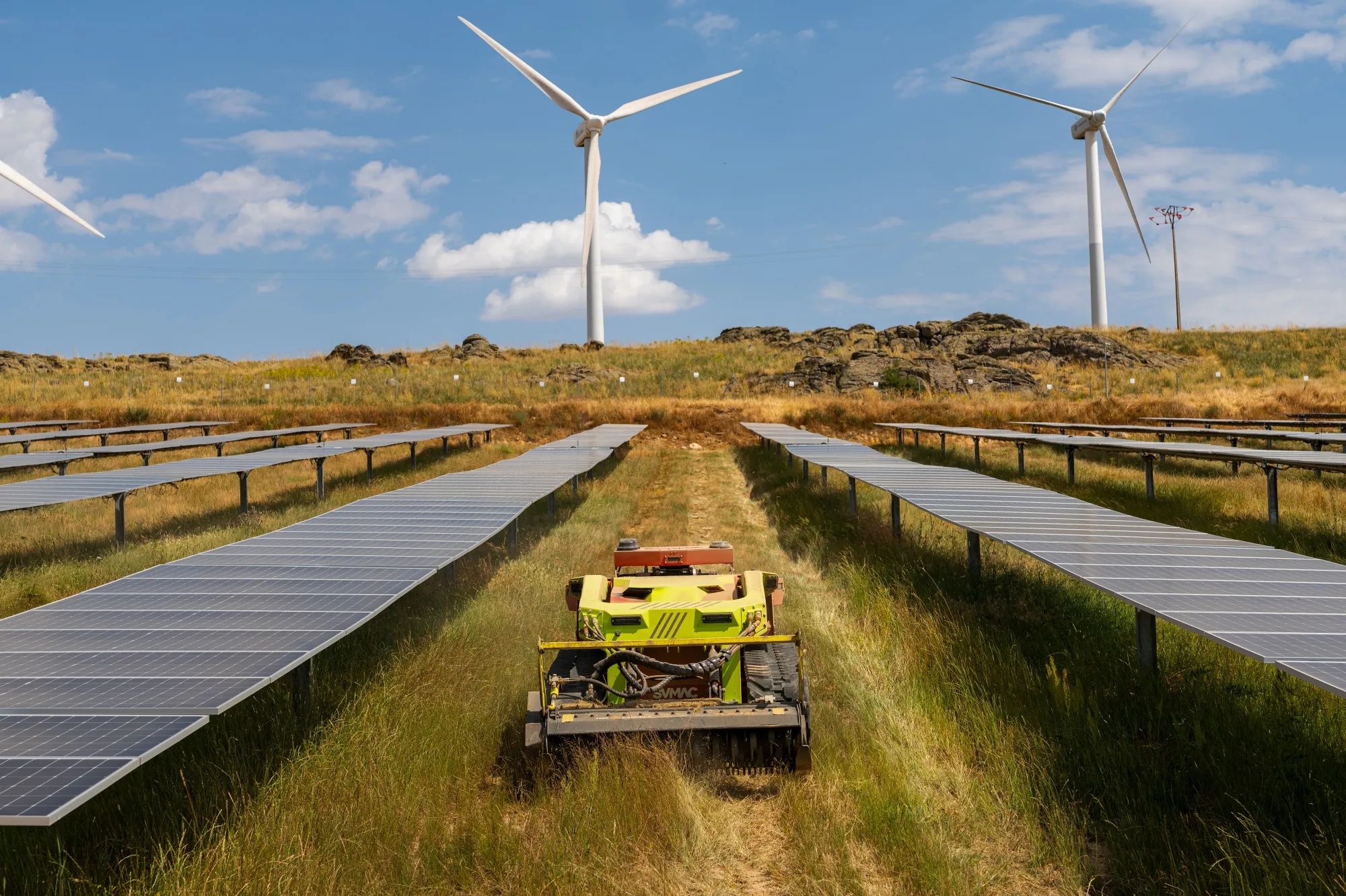 A robot mower near solar panels at an EDP SA solar farm in Avila, Spain, on Tuesday, July 1, 2025.&nbsp;