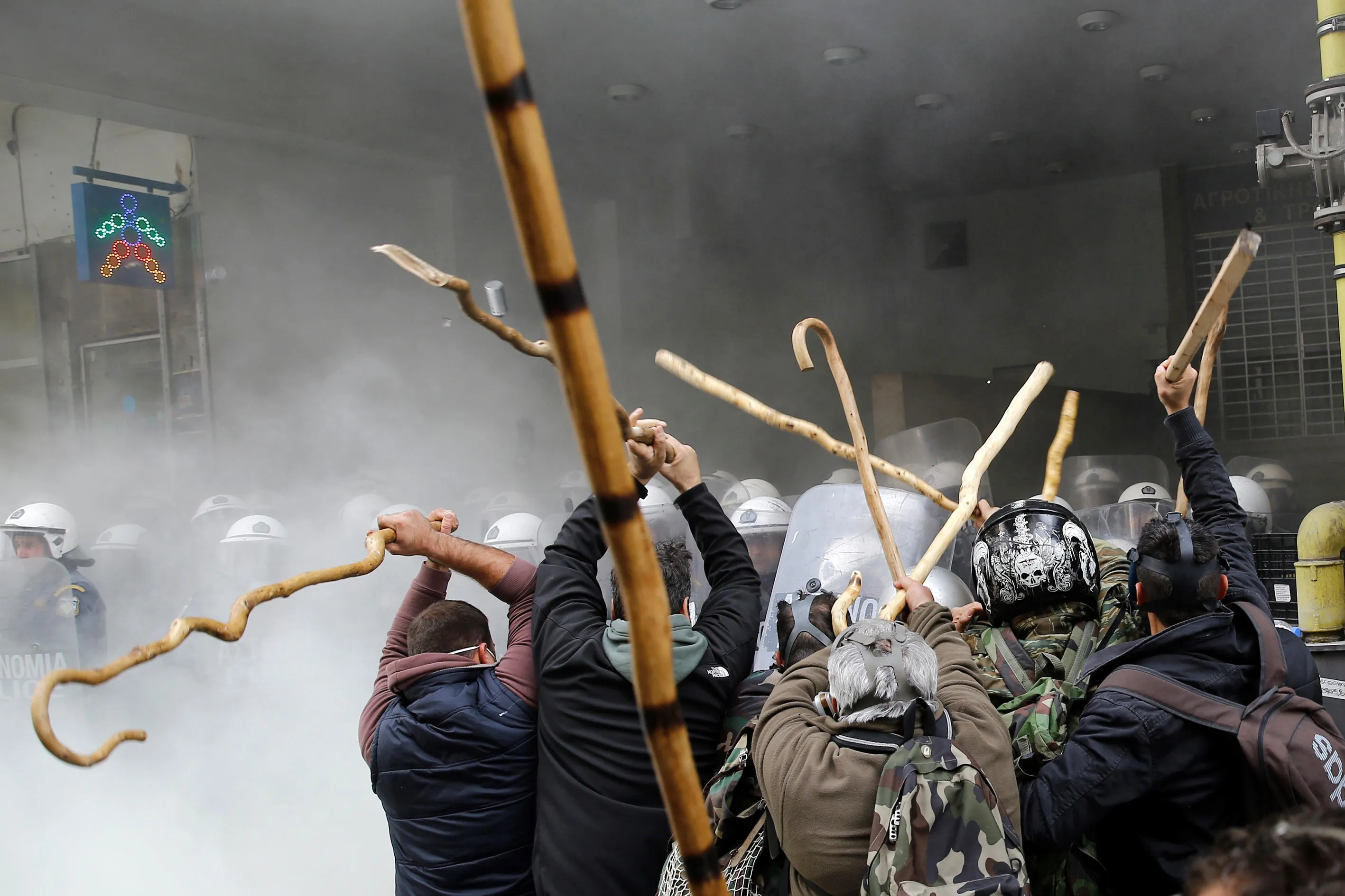 Farmers clash with police in front of the Agriculture ministry in Athens, on Feb. 12, 2016.
