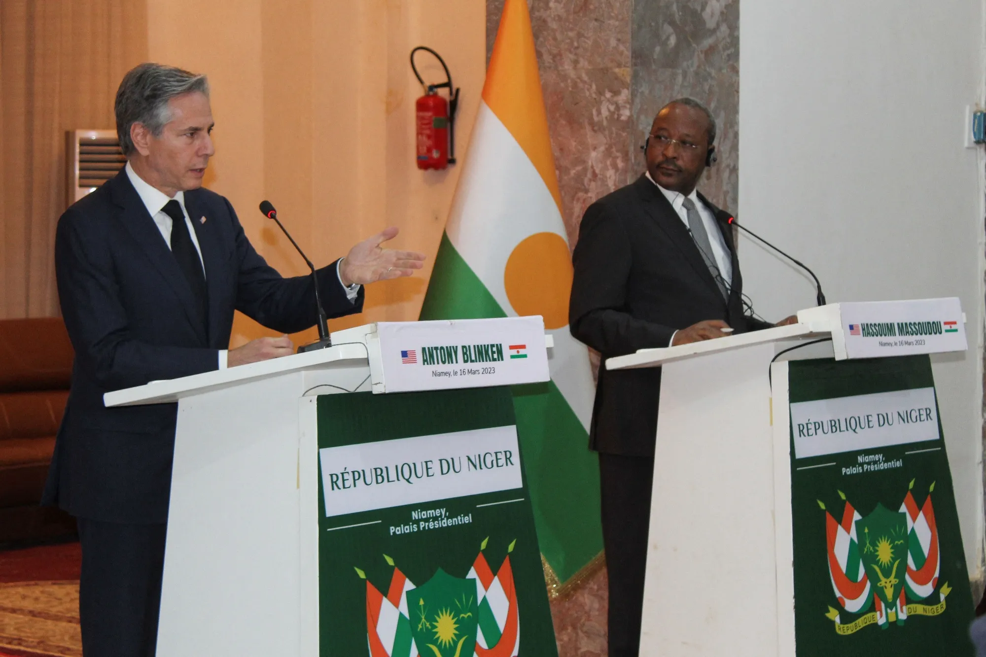 Antony Blinken, left, during a joint press conference with Nigerien Foreign Minister Hassoumi Massoudou in Niamey, Niger, on March 16.