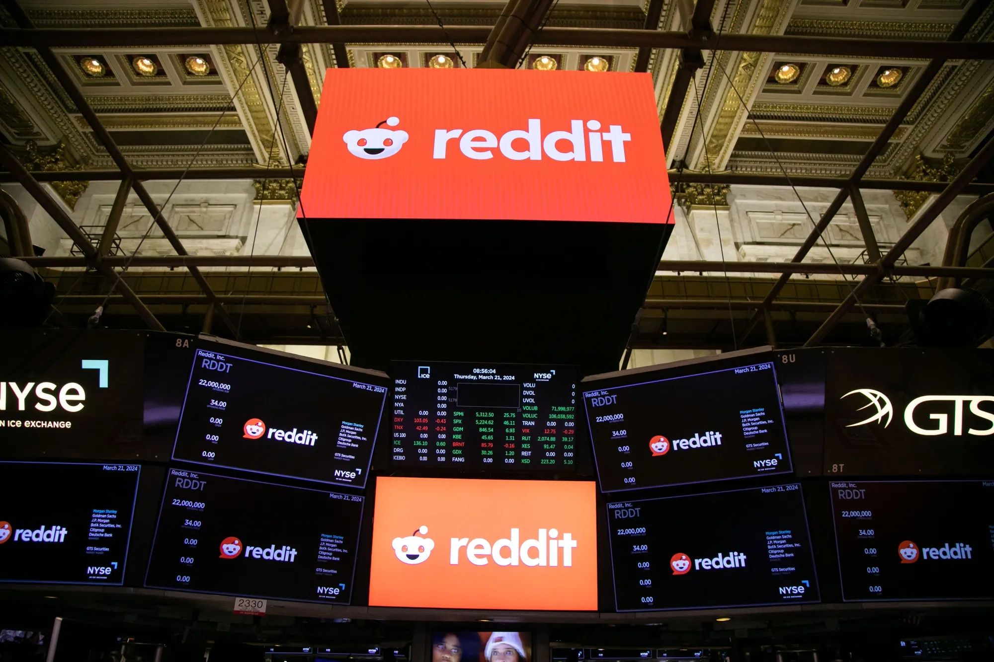 Reddit Inc. signage during the company's IPO&nbsp;on the floor of the New York Stock Exchange on March 21.