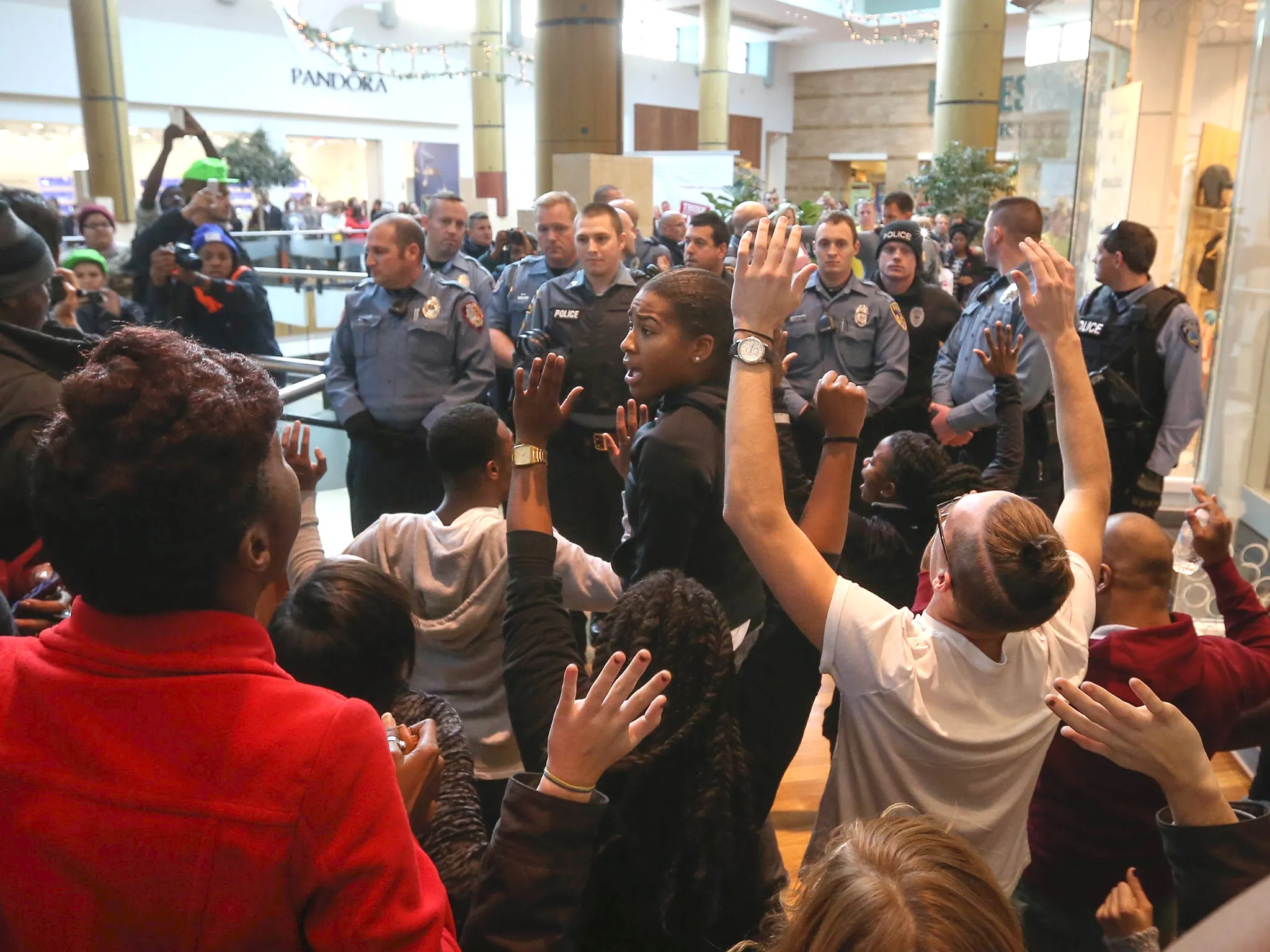 Protestors against the Grand Jury's decision not to indict Police Officer Darren Wilson at West Country Center Mall near Ferguson on Nov. 28, 2014
