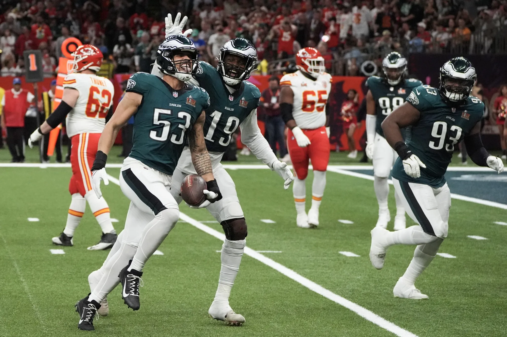 Eagles’ Zack Baun celebrates after&nbsp;intercepting&nbsp;a pass from Chiefs' Patrick Mahomes during Super Bowl LIX on&nbsp;Feb.&nbsp;9.