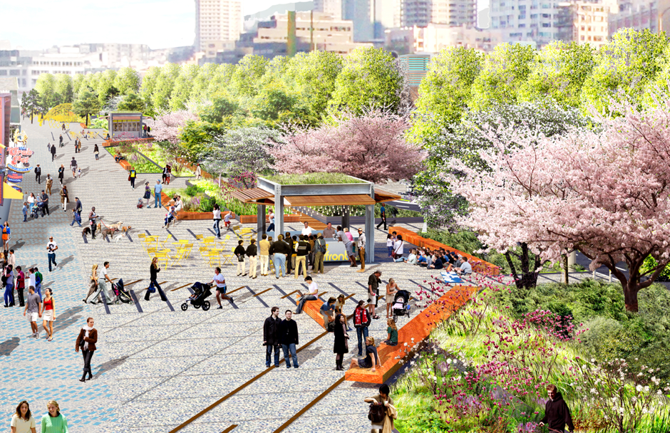 A rendering of pedestrian areas planned for the Seattle waterfront.