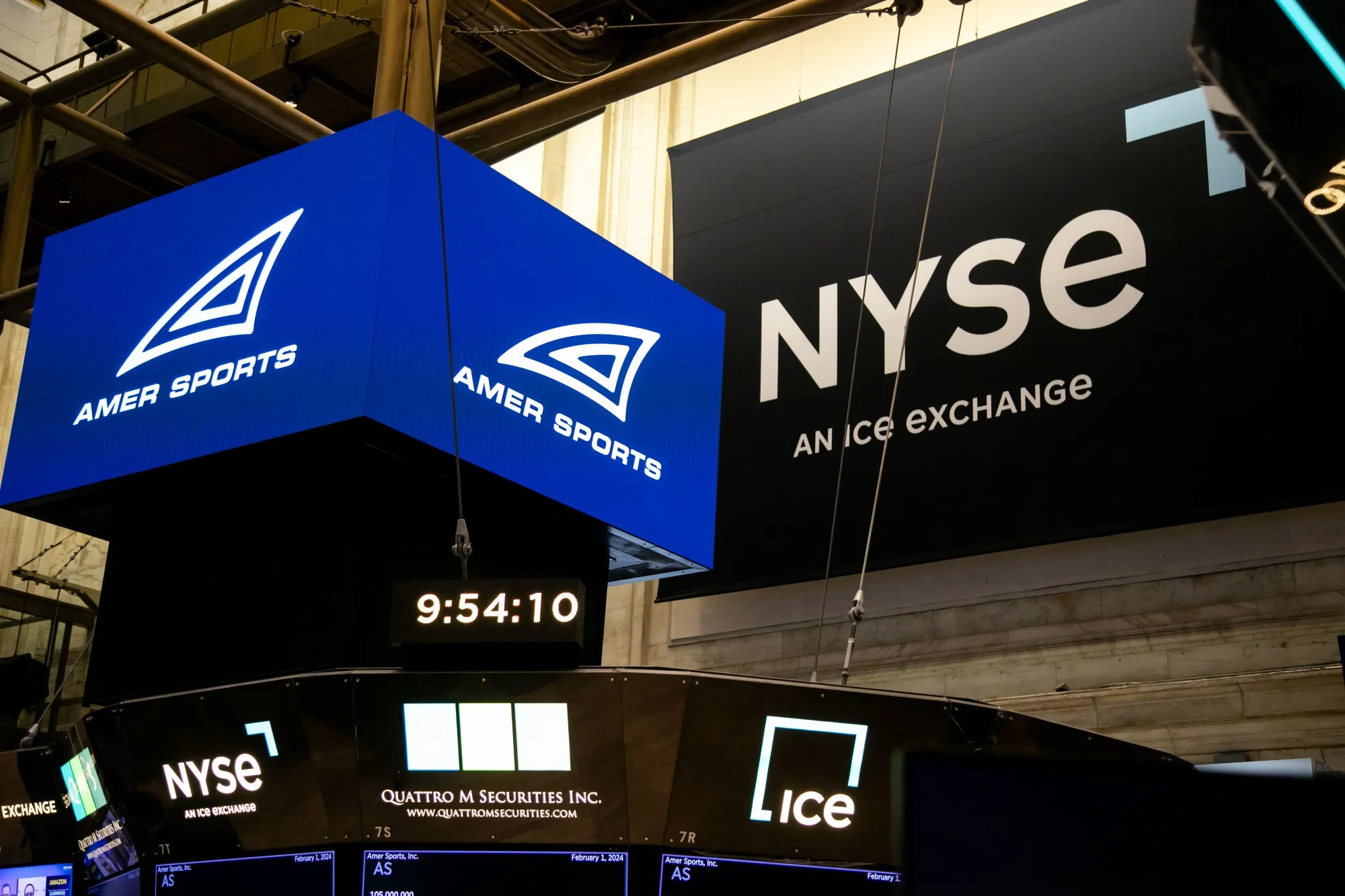 Amer Sports Inc. signage during their IPO&nbsp;on the floor of the New York Stock Exchange&nbsp;on Feb. 1.