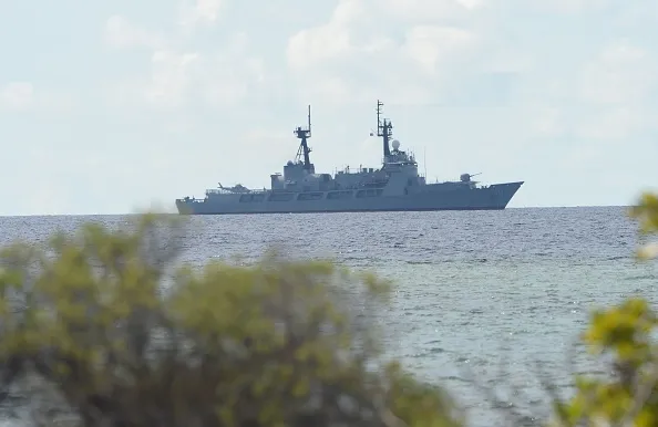 A Philippine navy frigate off&nbsp;Thitu Island in April 2017.