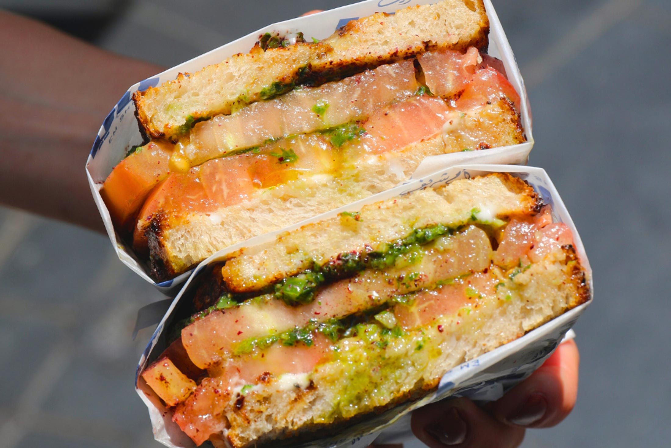 The viral tomato sandwich at Em Sherif Deli. Source: Em Sherif