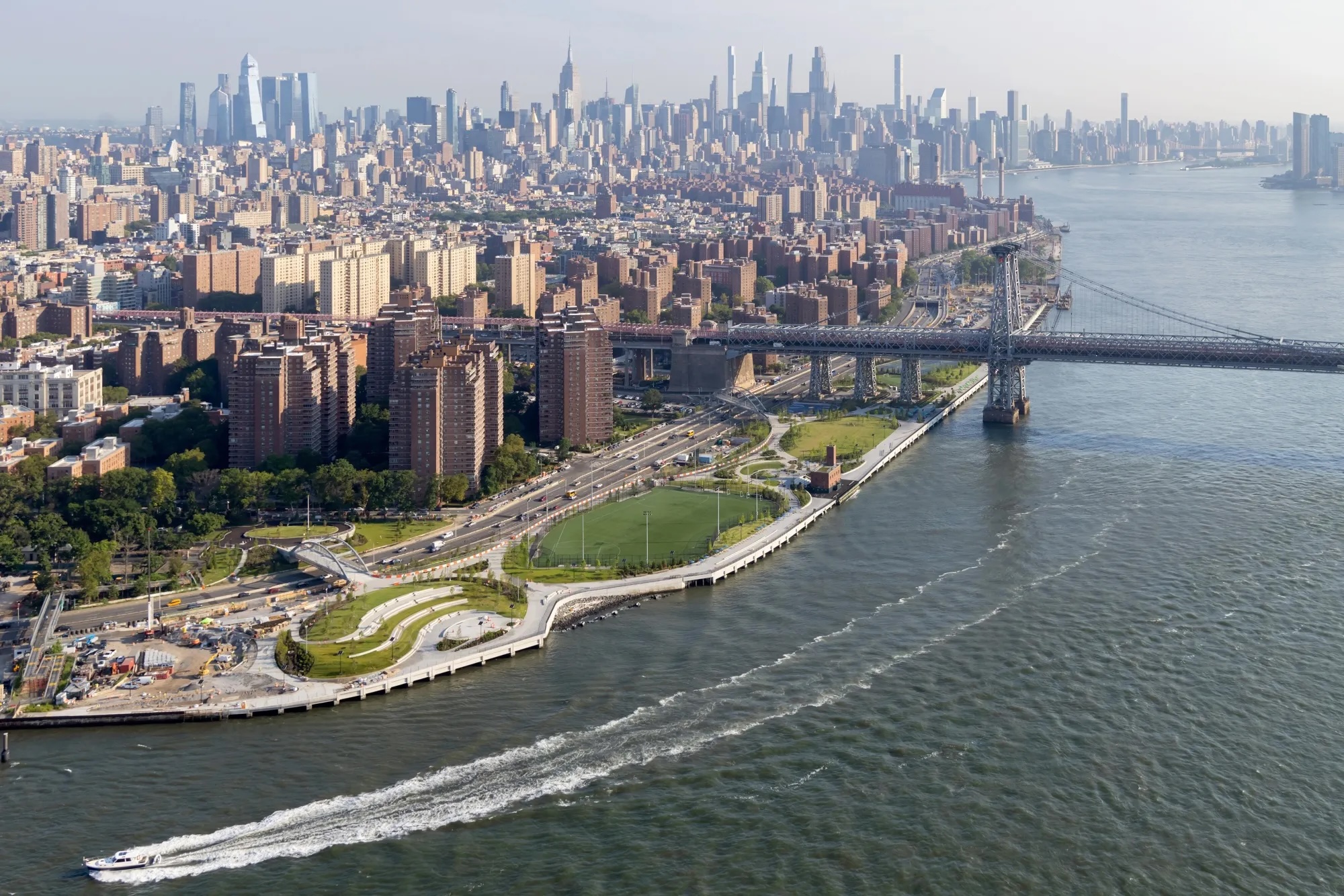 An aerial view of the newly reconfigured East River Park, which began opening in stages in 2025. Photographer: Iwan Baan