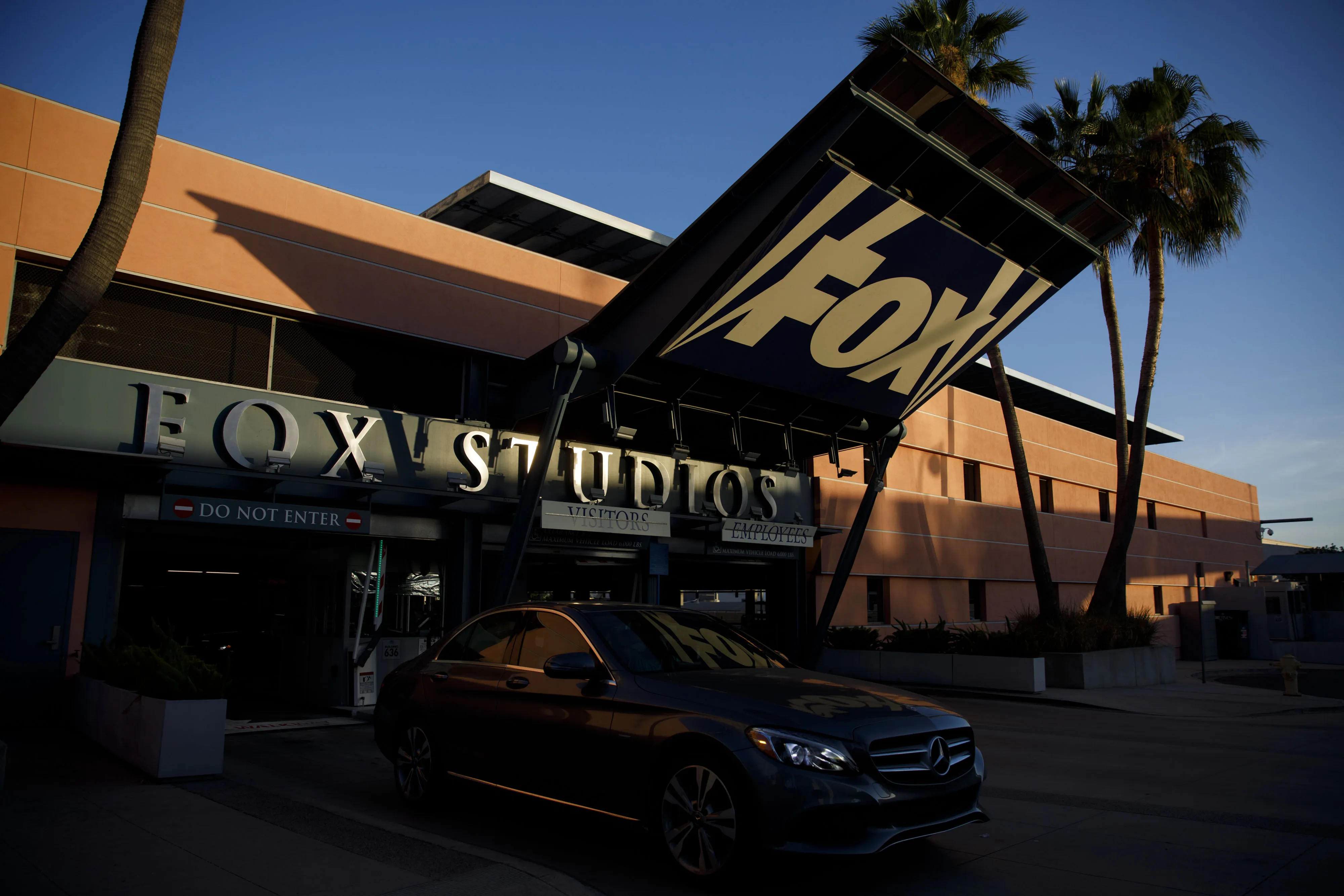 Signage is displayed outside the entrance to Twenty-First Century Fox Inc. Studios.