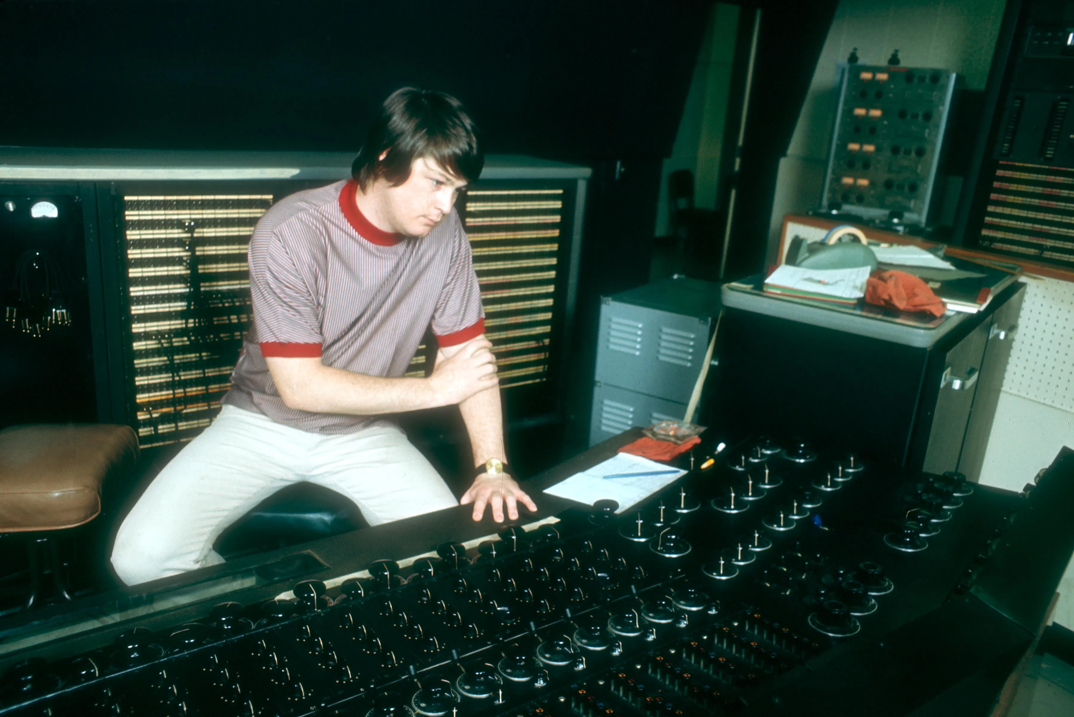 Brian Wilson directs from the control room while recording the album "Pet Sounds" in Los Angeles in 1966.