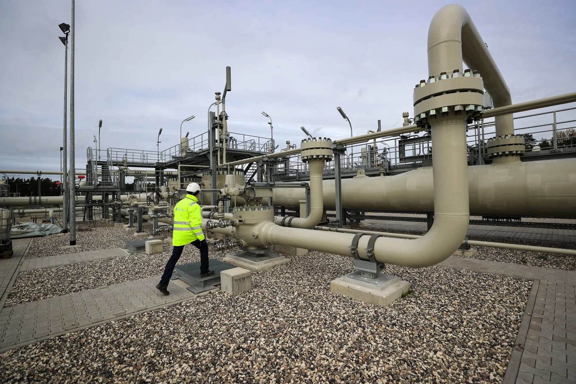 A worker inspects pipework at the Nord Stream 2 gas pipeline landing facility on the Baltic Sea coastline in Lubmin, Germany, on&nbsp;Nov. 5.&nbsp;