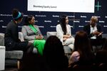 Eric Collins, chief executive officer of Impact X Capital, right, speaks during a panel session with Olivia Konotey-Ahulu, equality reporter at Bloomberg LP, Sharmadean Reid, chief executive officer of The Stack World, and Charmaine Hayden, founding partner of Good Soil Ltd., (left to second right) at the Bloomberg Equality Summit in London, UK, on Tuesday, Oct. 18, 2022.&nbsp;