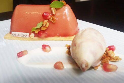 The desserts are particularly good at Yauatcha. This is pomegranate compote, yogurt, and wild flower honey with granola.