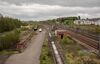 Railroad tracks photographed from above.