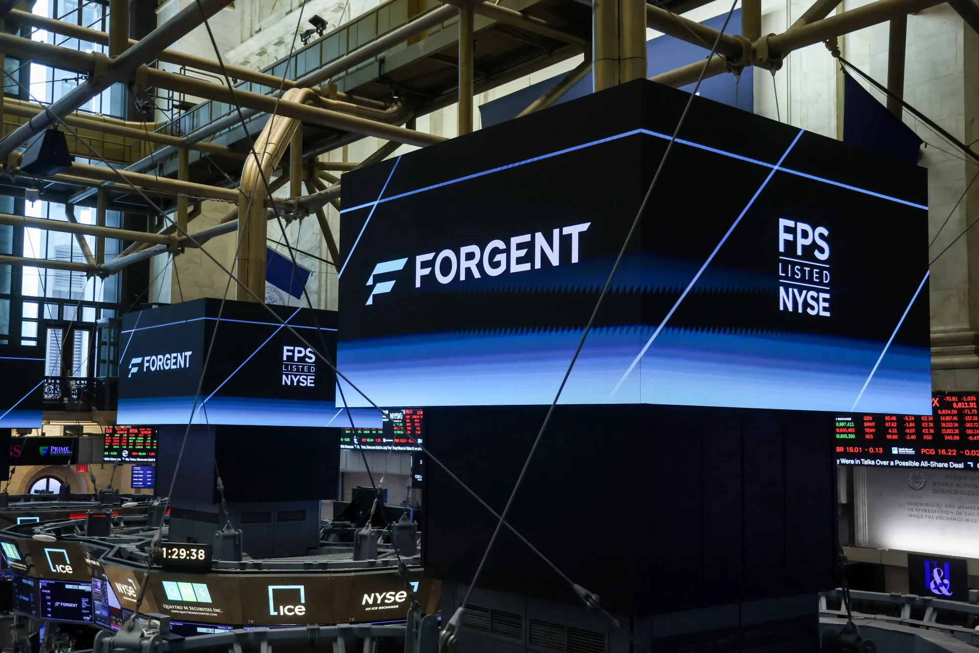 Forgent Power Solutions Inc. signage during the company’s initial public offering (IPO) on the floor of the New York Stock Exchange in February.