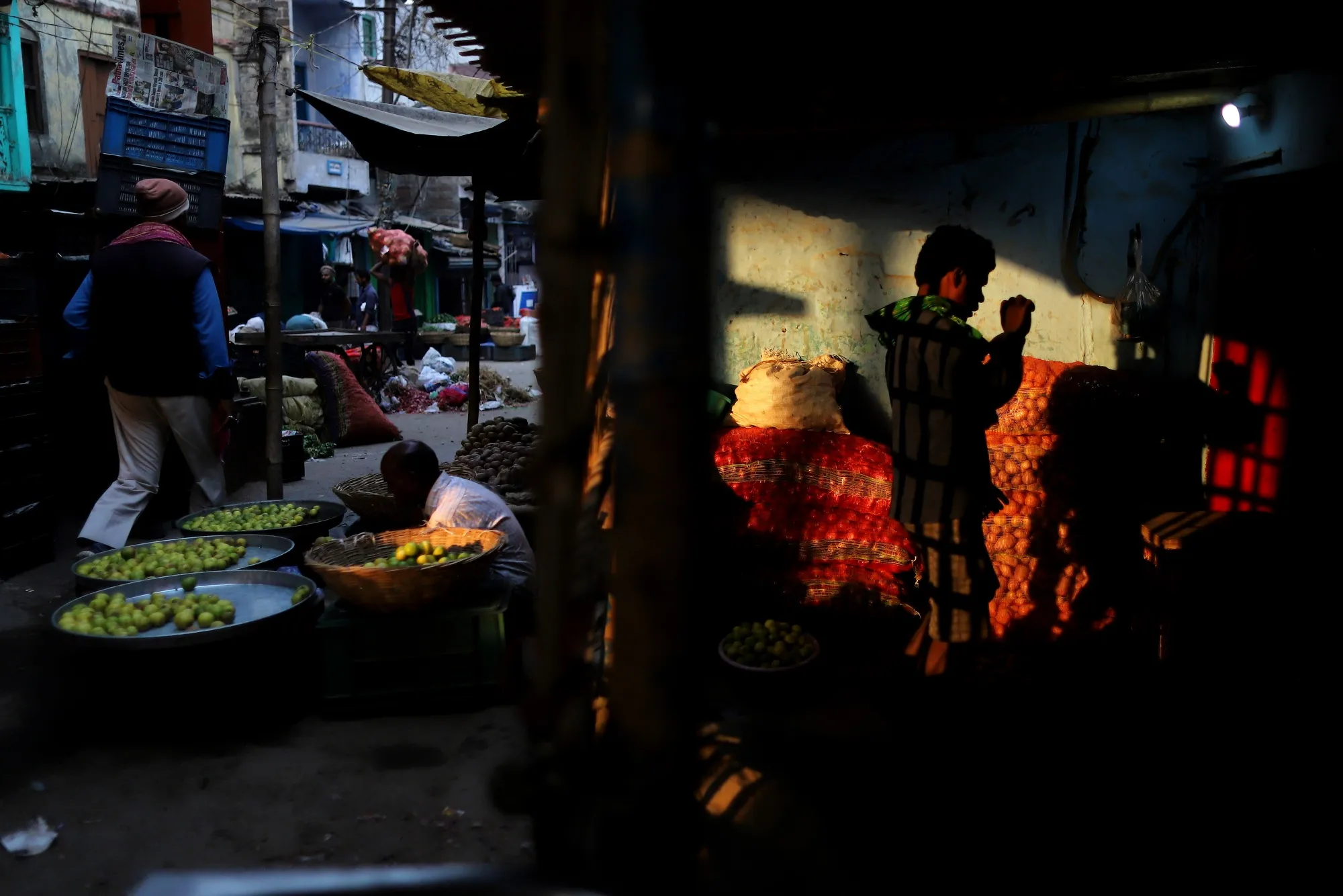 Fruit and vegetables for sale at a wholesale market in Patna, Bihar, India.