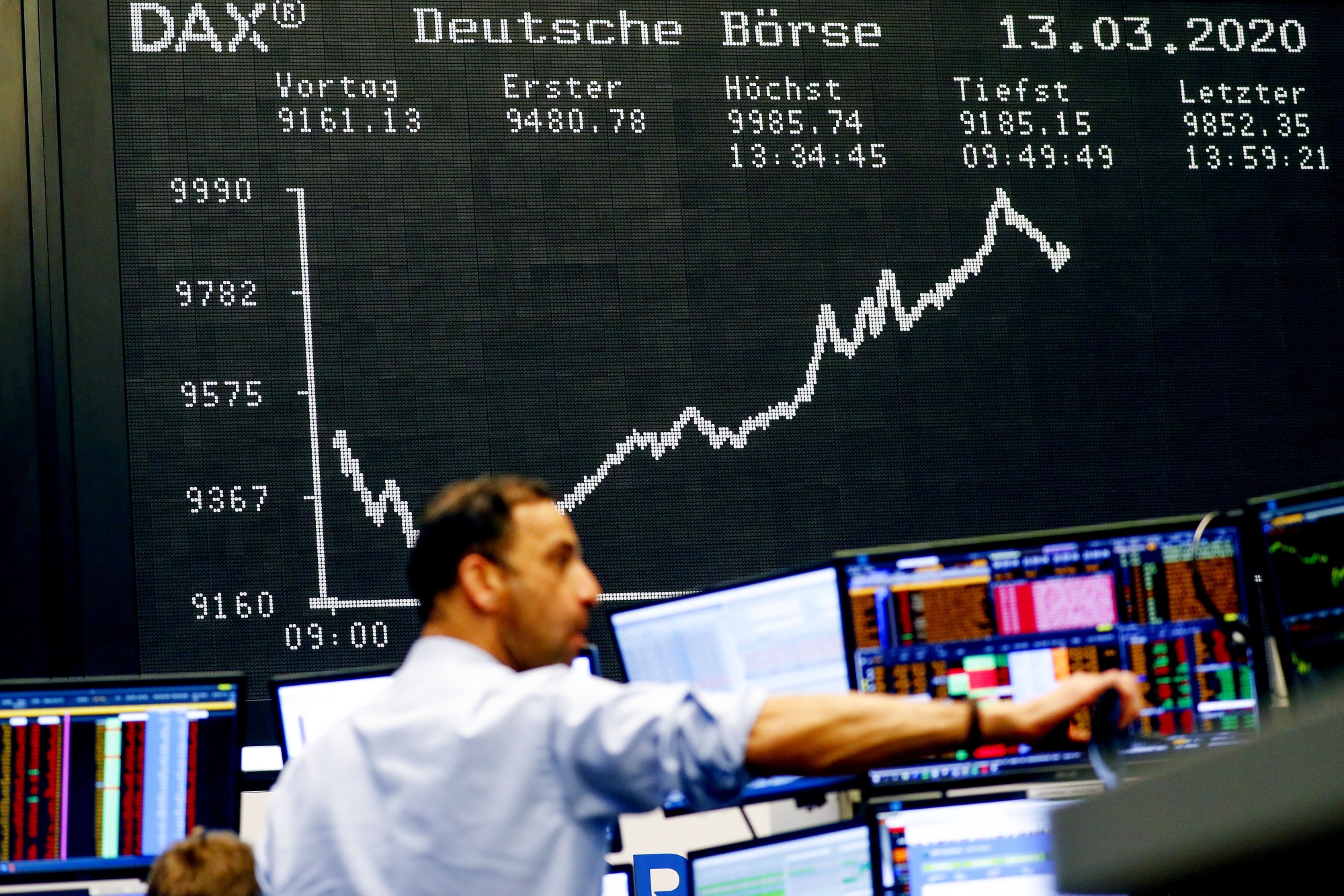 The DAX Index curve sits on display inside the Frankfurt Stock Exchange on Friday, March 13.