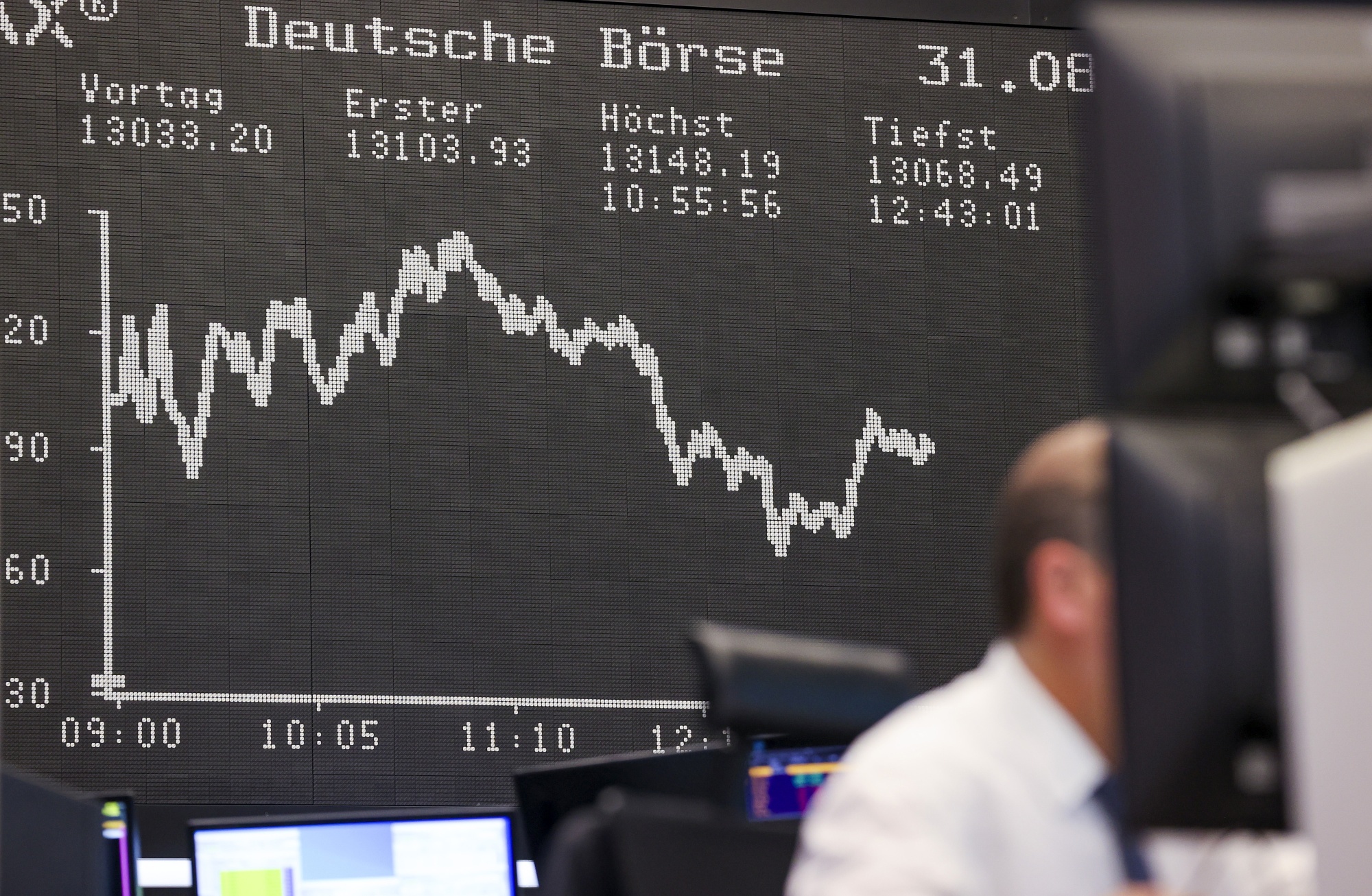 A stock index curve and financial data sit on display on the trading floor at the Frankfurt Stock Exchange, operated by Deutsche Boerse AG, in Frankfurt, Germany, on Monday, Aug. 31, 2020.&nbsp;