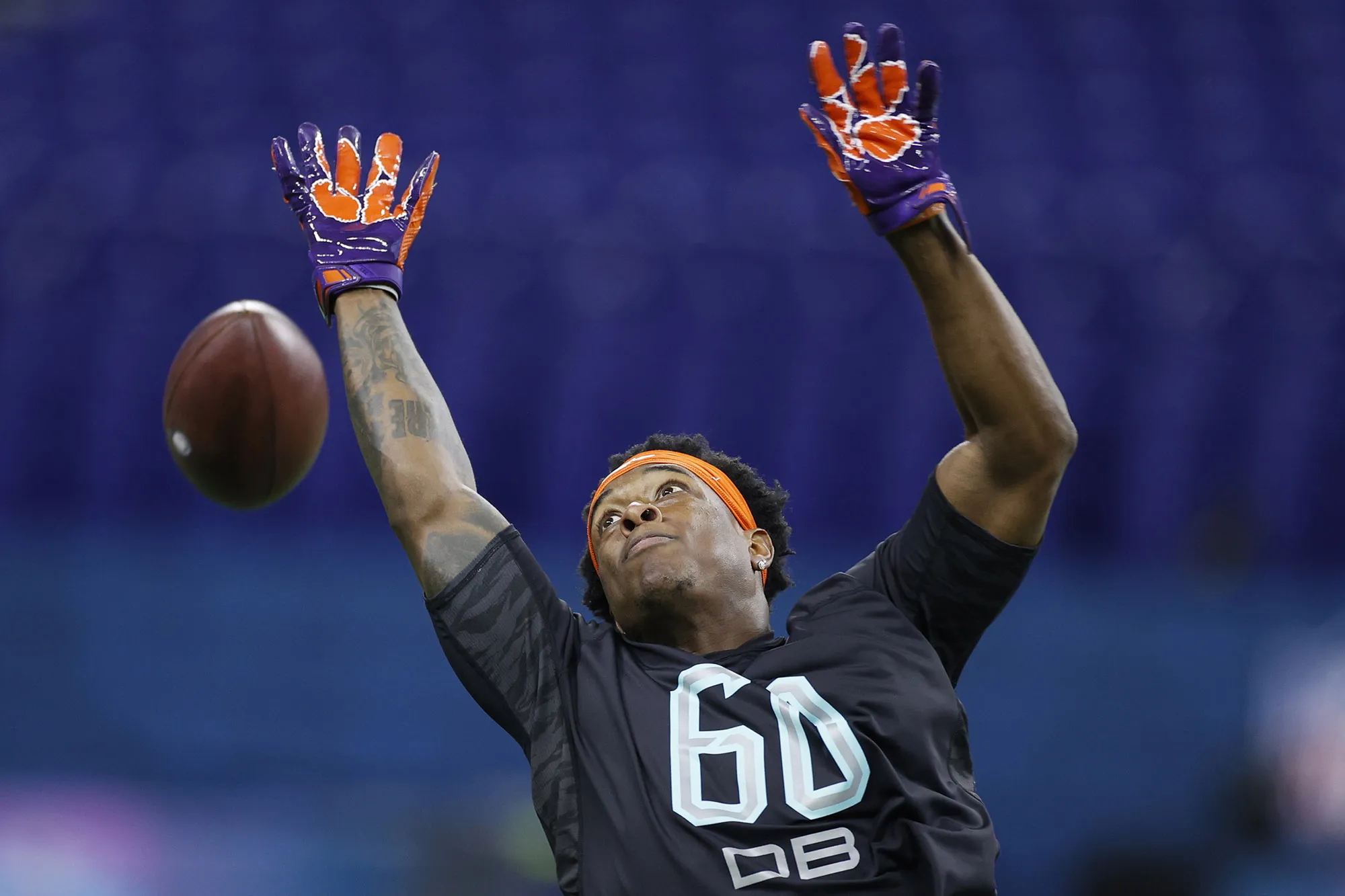 Defensive back K'Von Wallace of Clemson tries to catch the ball while running a drill in&nbsp;Indianapolis, Indiana, Feb. 29.