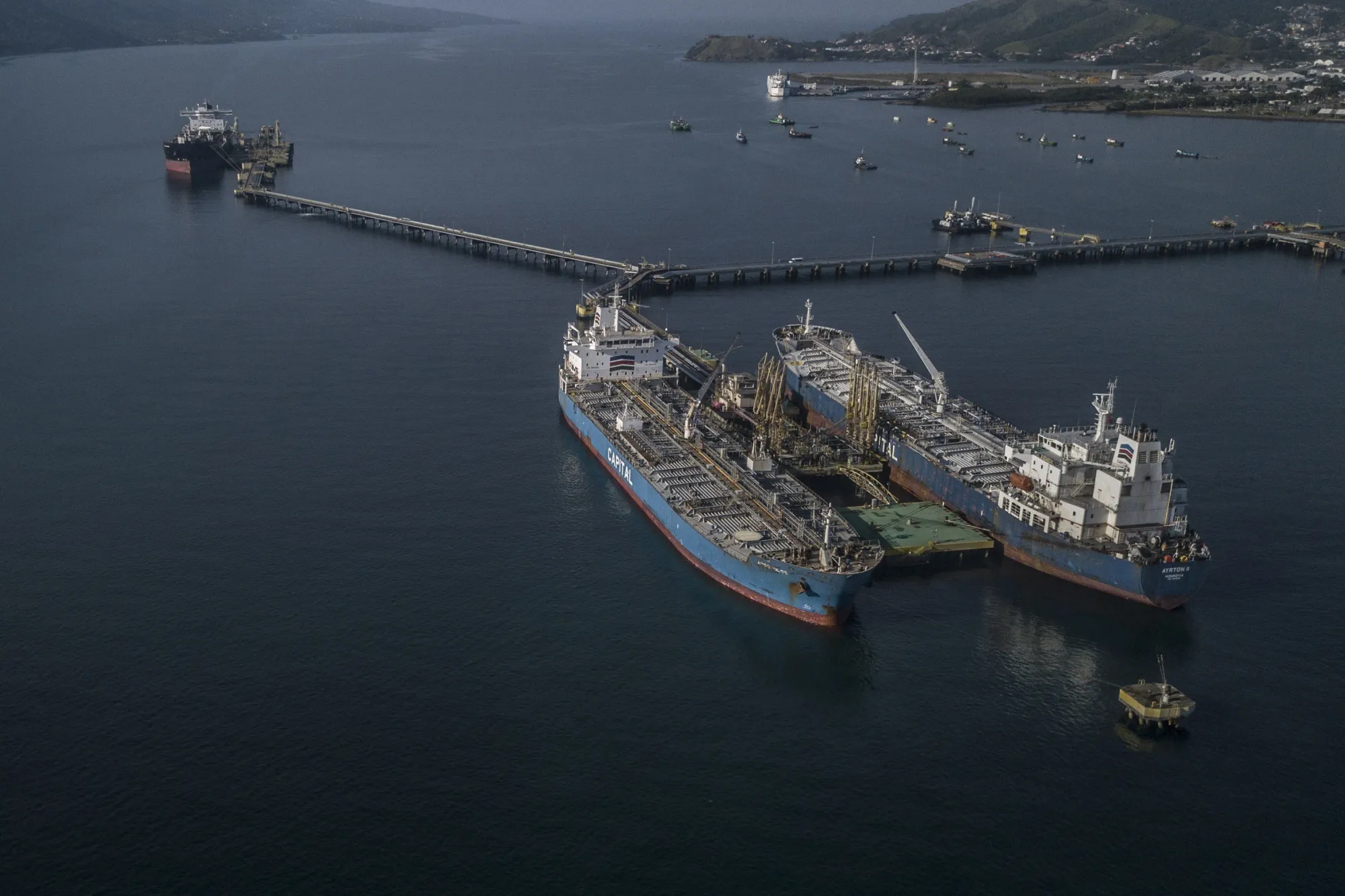 Oil tankers sit at a&nbsp;sea terminal in Sao Sebastiao, Brazil.