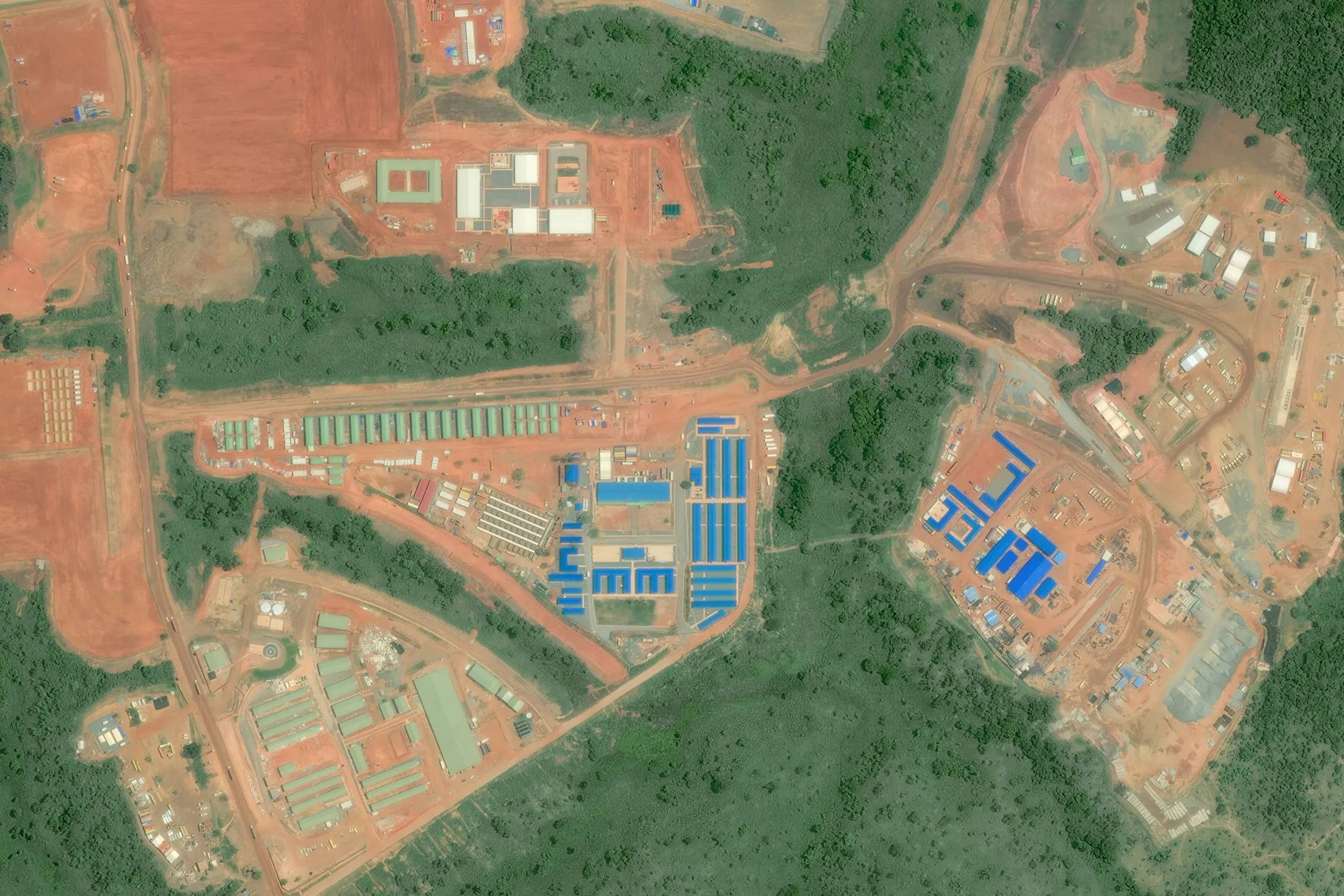 Maxar closeup satellite image shows the development associated with Blocks 1 and 2 of the Simandou iron ore project in southeastern Guinea on April 4.
