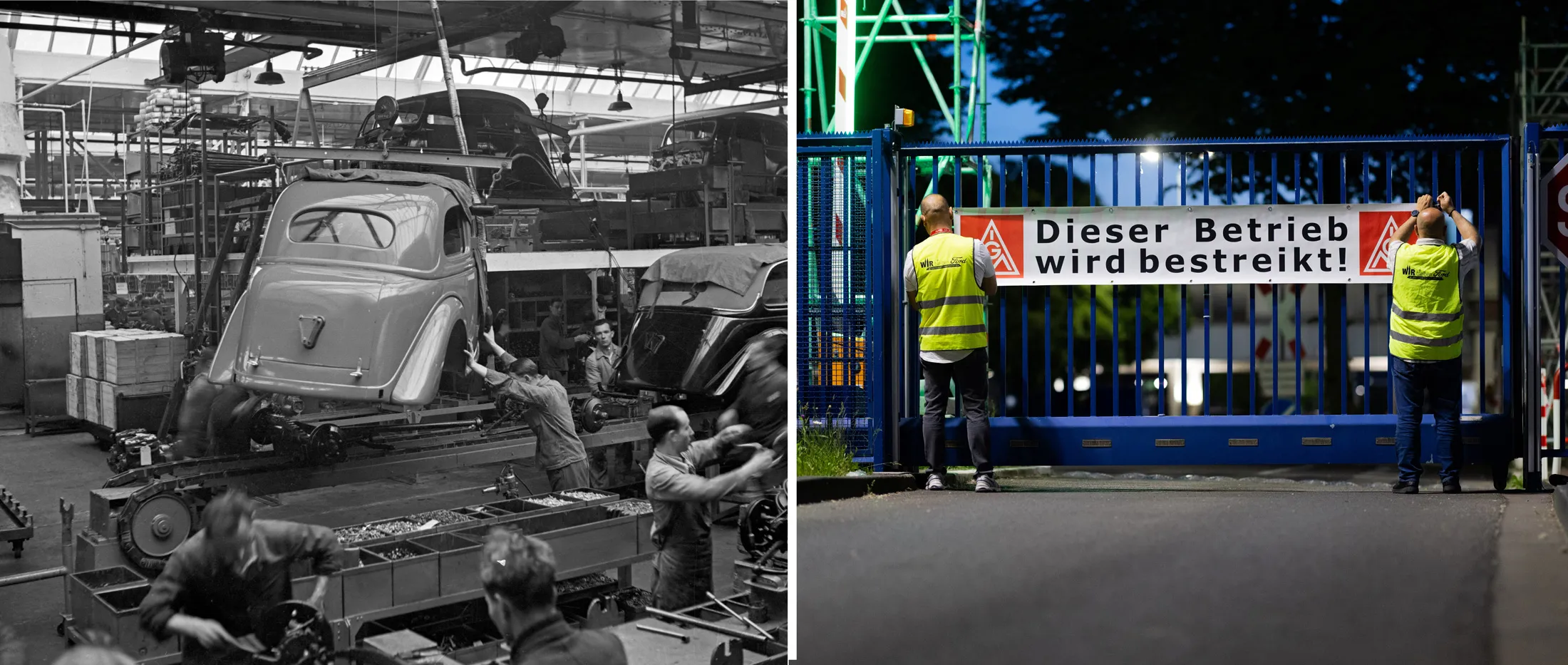 Workers at the Ford factory in Cologne in the 1930s, left, contrast with employees in May 2025, right, displaying a banner reading “This plant is on strike!” during the factory’s first-ever walkout.