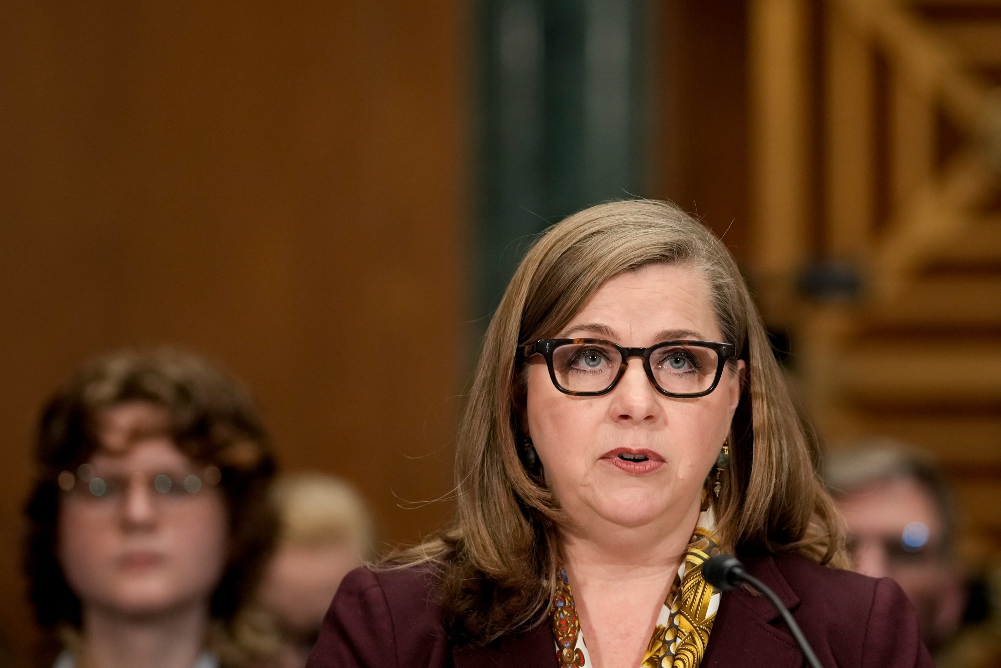 Michelle Bowman, vice chair for supervision at the US Federal Reserve nominee for US President Donald Trump, speaks during a Senate Banking, Housing, and Urban Affairs Committee confirmation hearing in Washington, DC, US, on Thursday, April 10, 2025. Senators on both sides of the panel are likely to ask how Bowman plans to comply with an executive order that curbs the power of independent agencies, and are eager to hear how she will approach a plan that would require the country's largest lenders to hold significantly more capital to buffer against losses and a financial crisis. Photographer: Kent Nishimura/Bloomberg