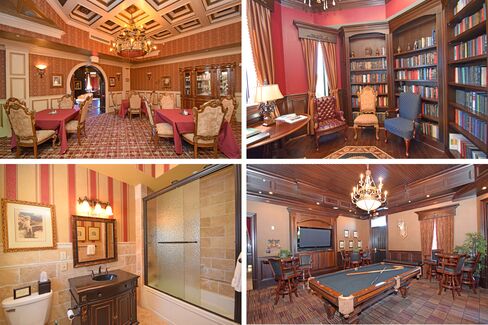 The castle includes a library, a billiards room, and a banquet room modeled after Versailles.