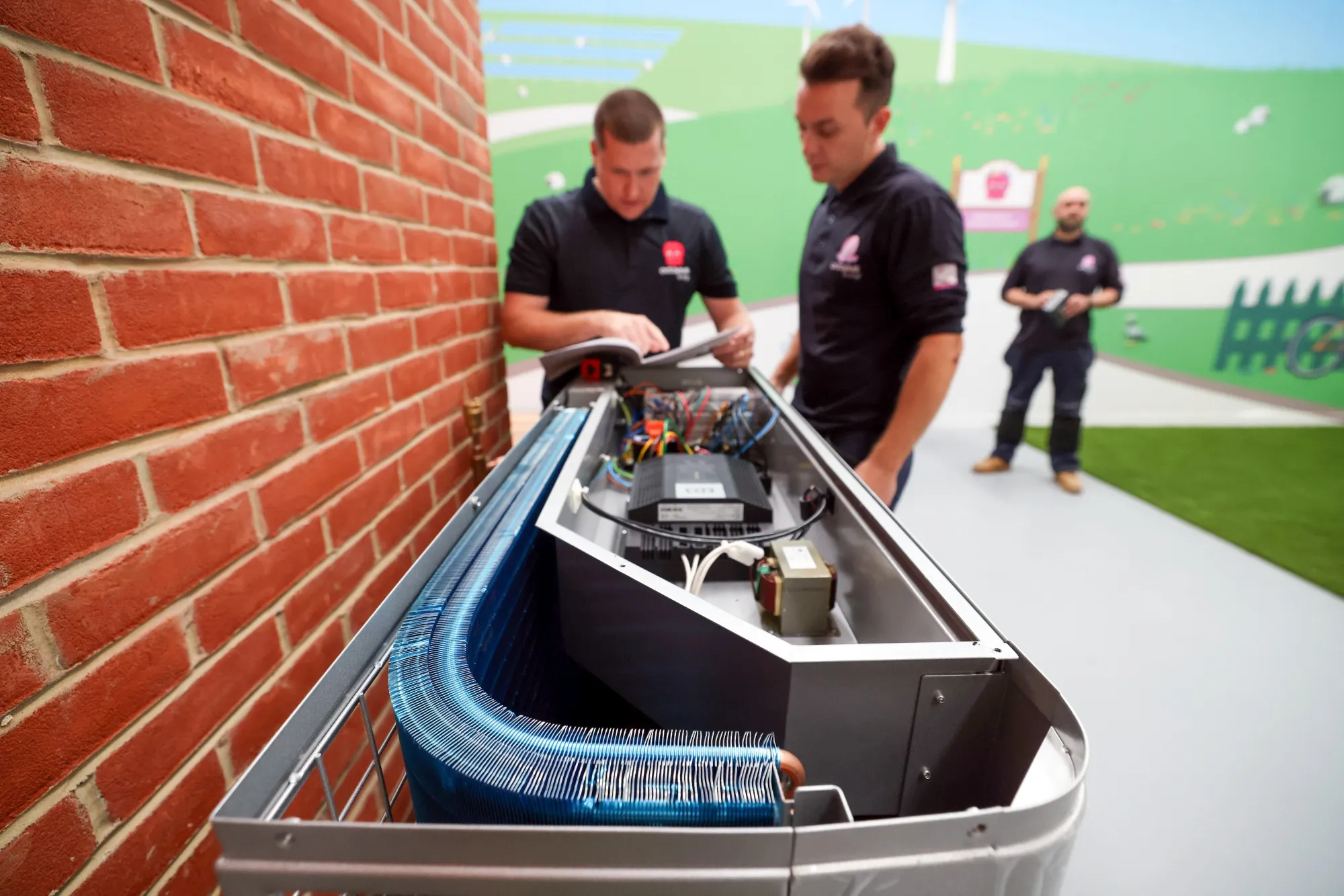 Engineers work on installing an Ecoforest heat pump at the Octopus Energy Ltd.'s training and R&amp;D facility in Slough on Sept. 28, 2021.&nbsp;