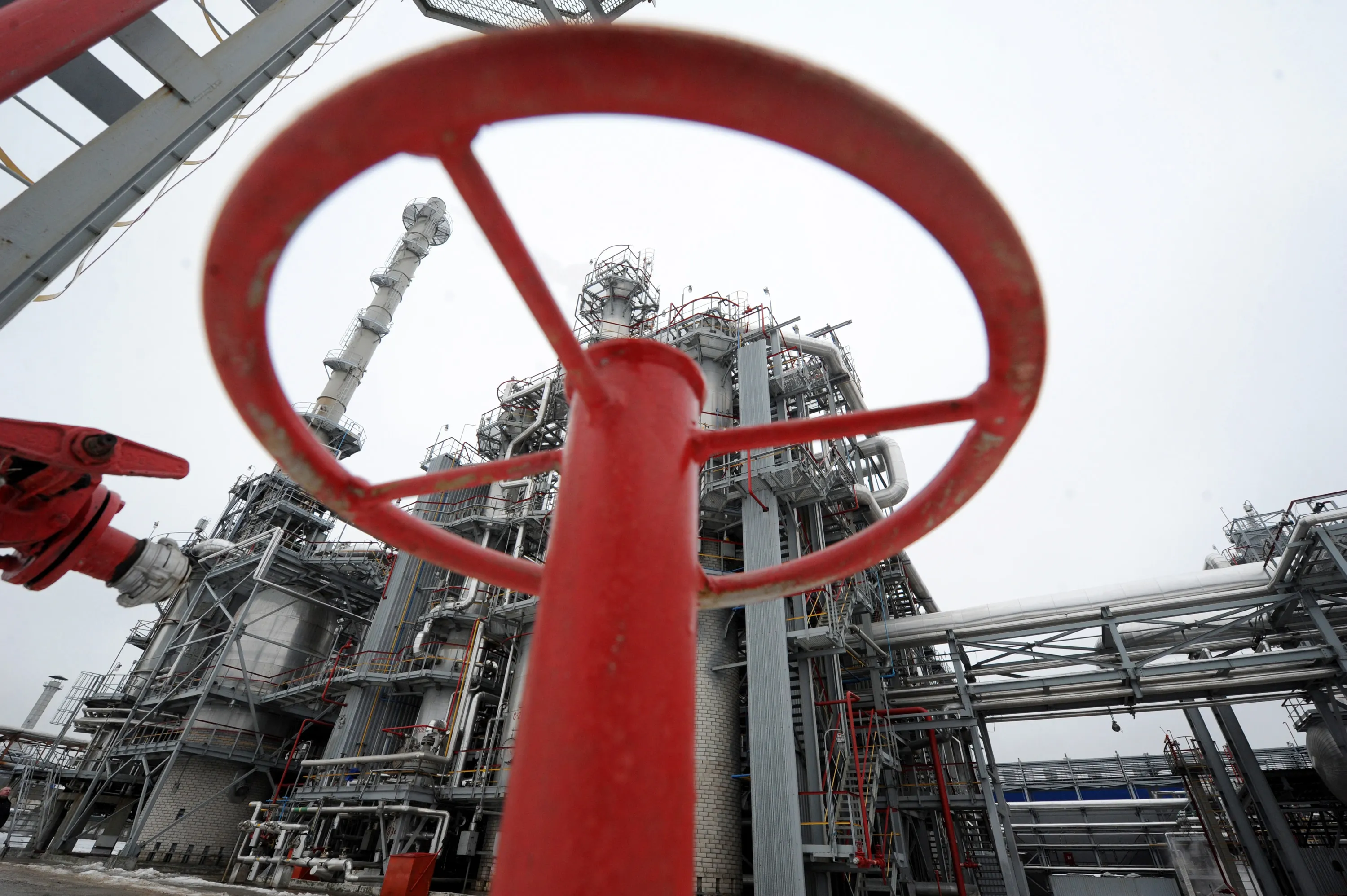 A by-pass cock is seen at the Mozyr oil refinery in Belarus.