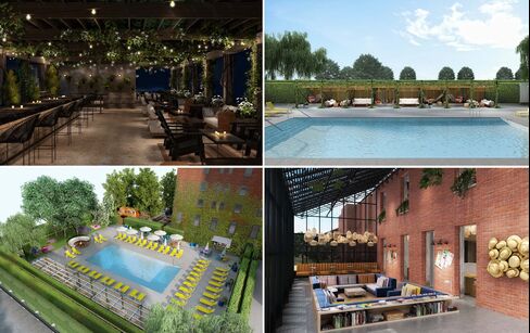 Amenities at the hotel include a skybar (top left), pool (top right and bottom left), and reading/lounge area.