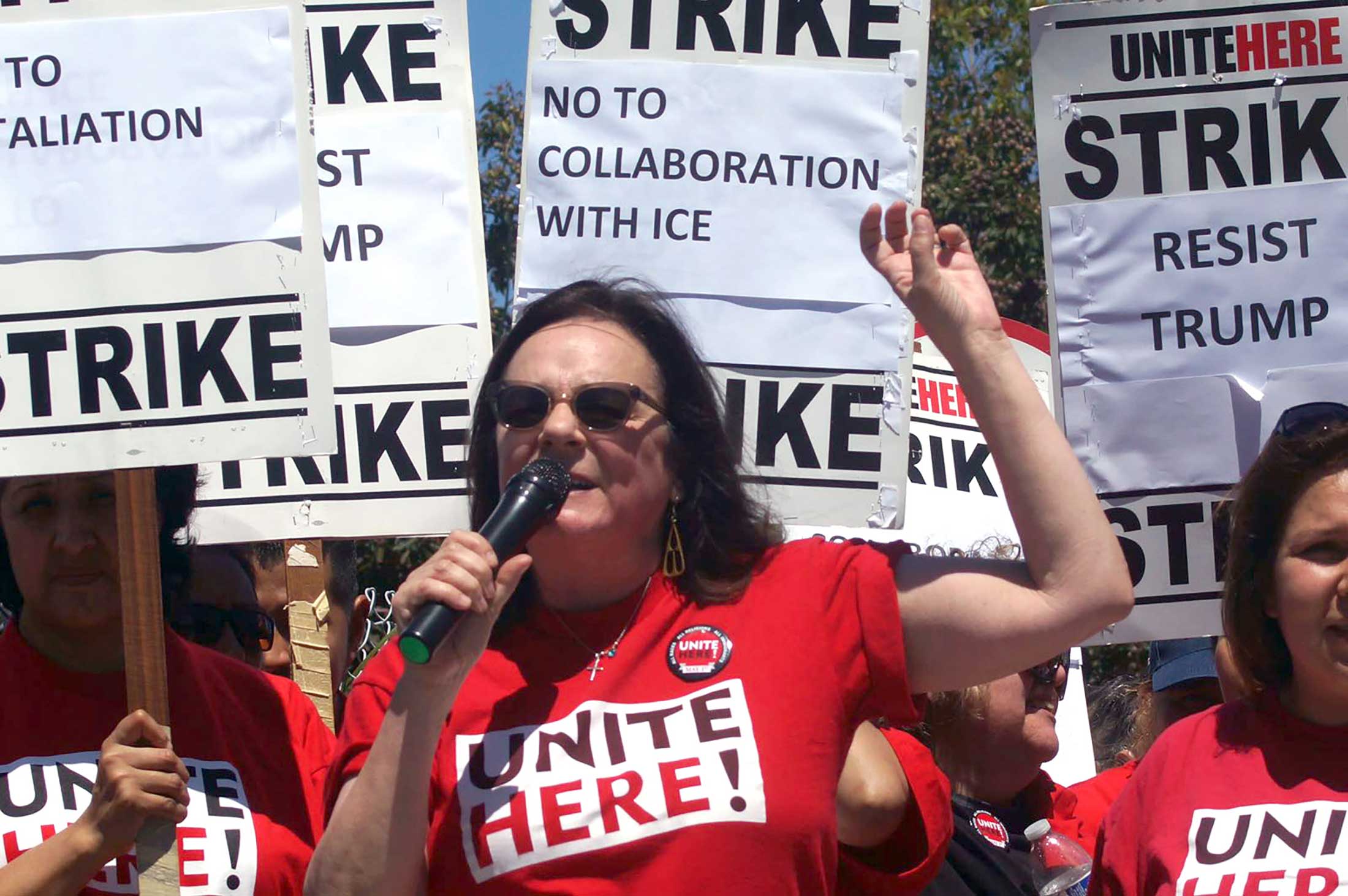 Unite Here’s Jo Marie Agriesti protests collaboration with ICE in Emeryville, Calif., on May 1, 2017.