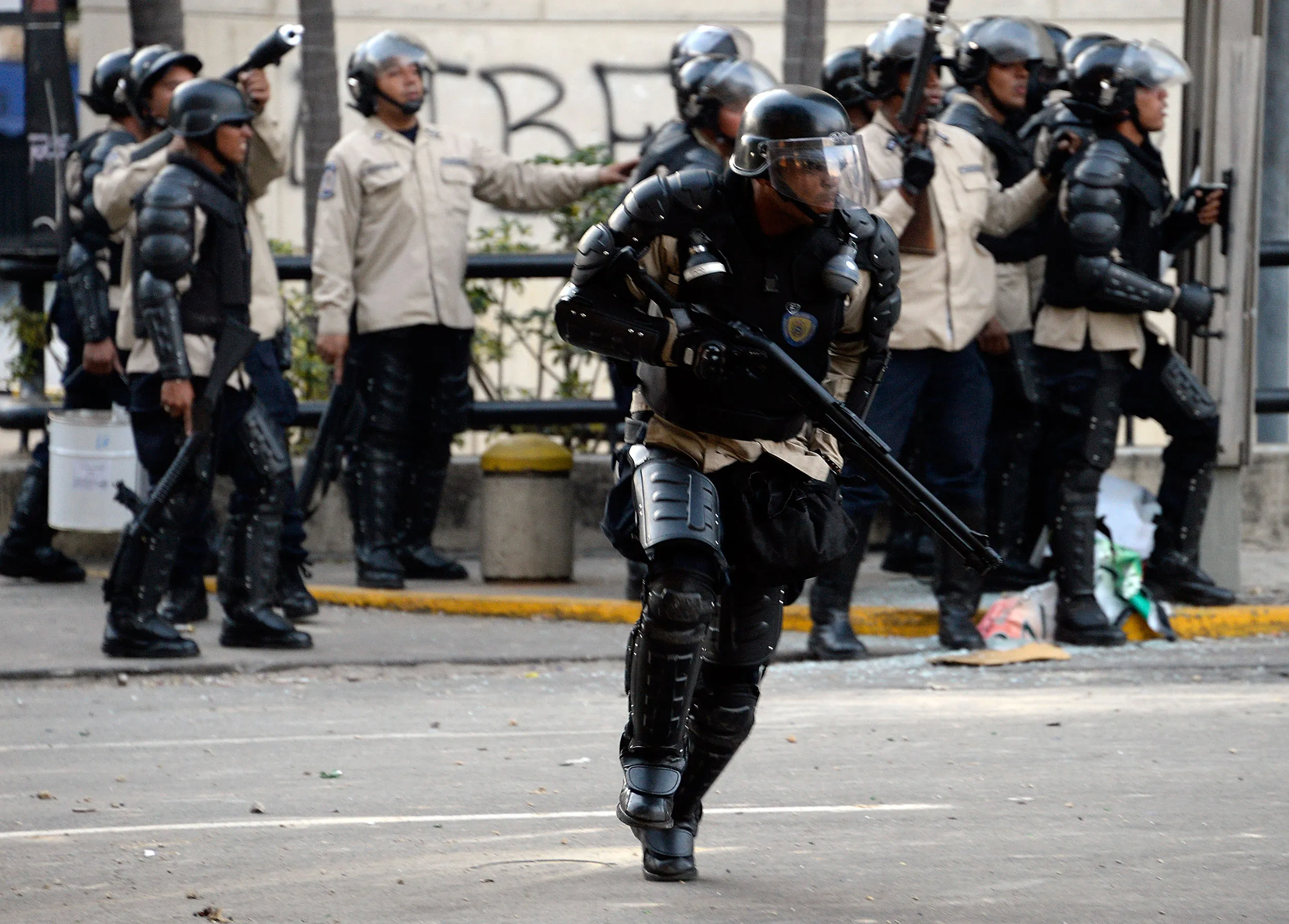 Members of the National Police are deployed during a protest, in Caracas on Feb. 22, 2014.
