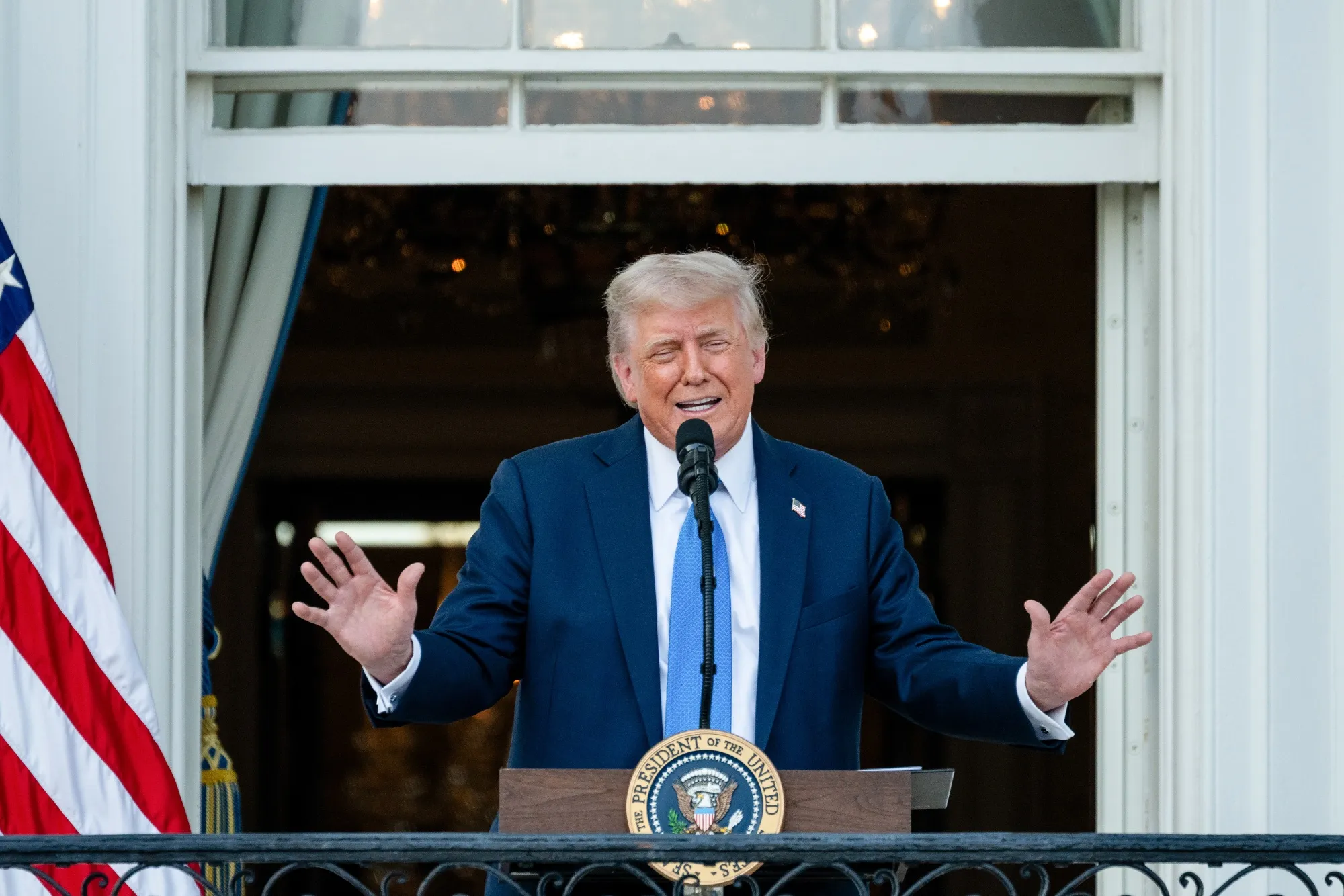President Donald Trump speaks from the Truman balcony of the White House on June 4, 2025.