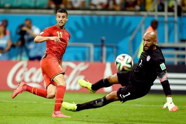Kevin Mirallas of Belgium has a shot saved by Tim Howard of the U.S. during the World Cup round-of-16 match on July 1 in Salvador, Brazil