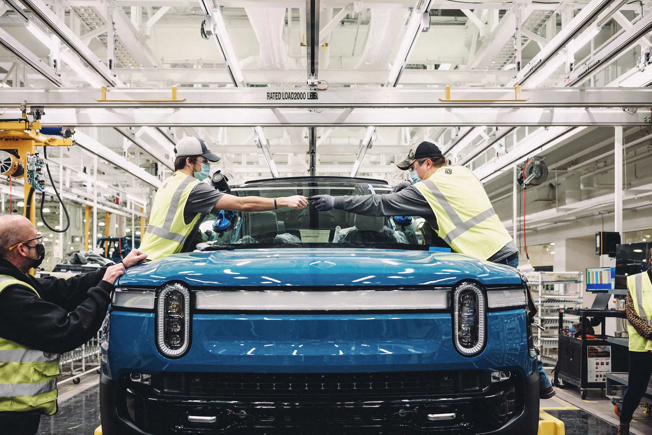 A Rivian during the manufacturing process.