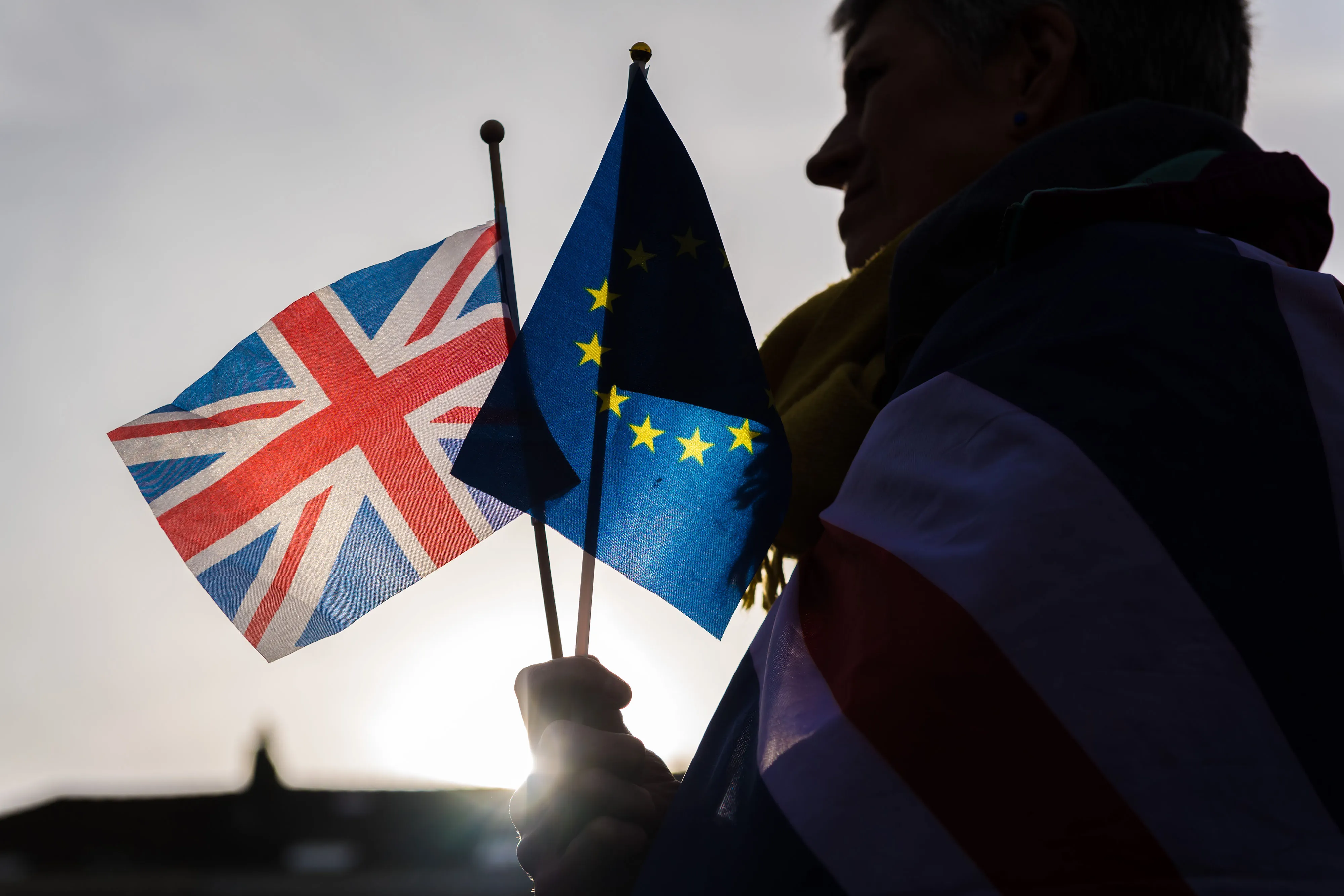 A Pro Europa supporter holds European Union and British Union flags during a gathering  in Brussels on Jan. 30.