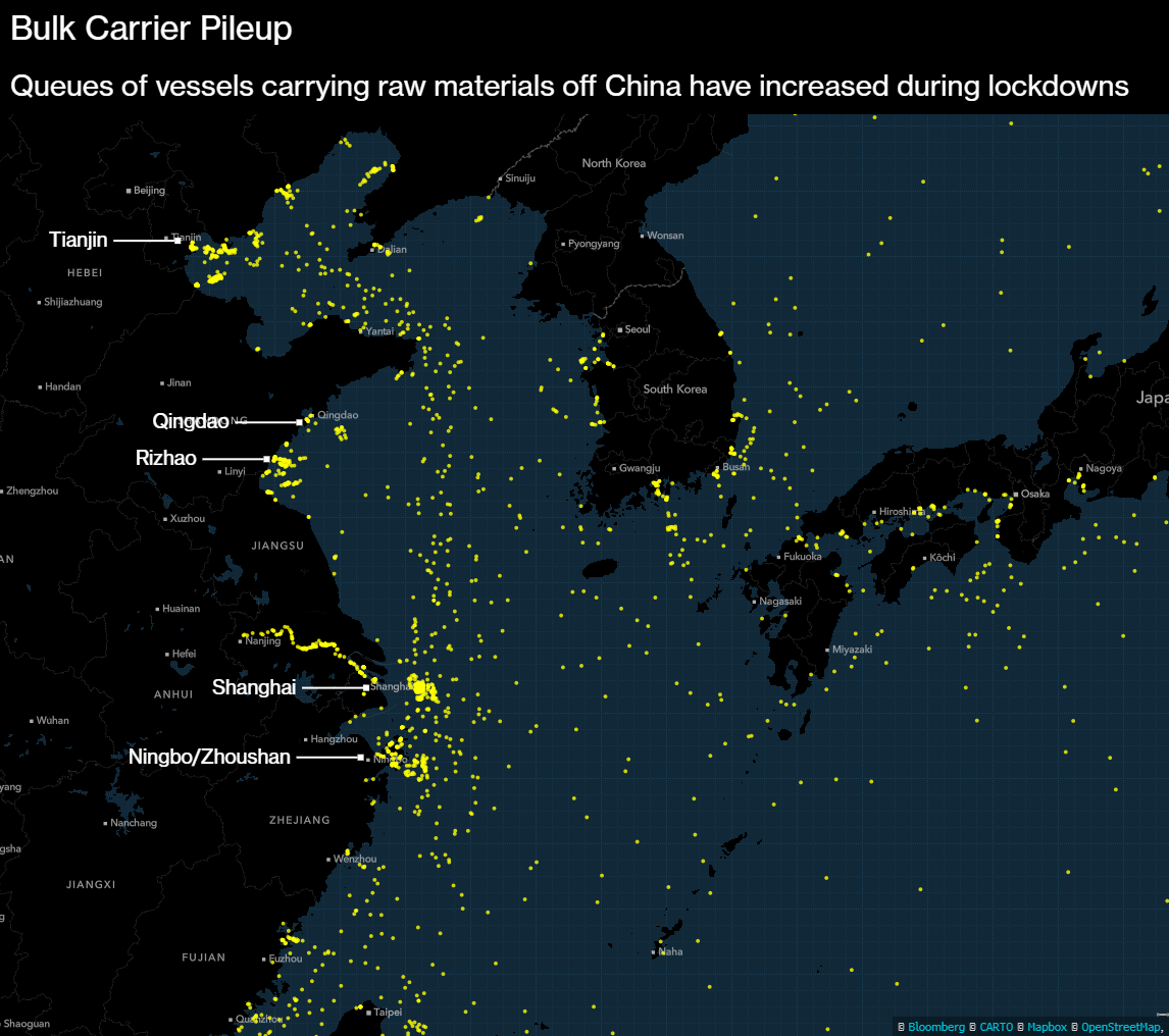 Bulk carrier positions as of April 11 mapped in yellow