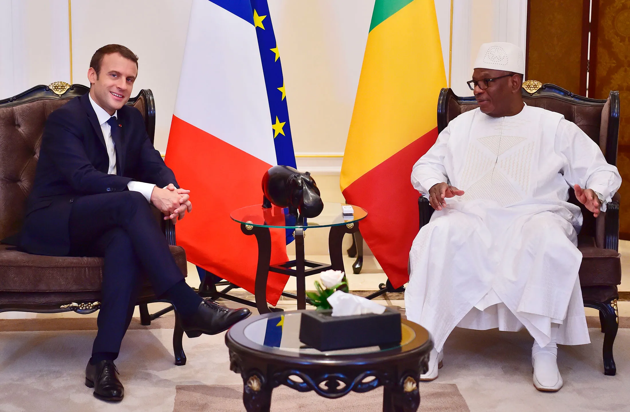 Mali's President Ibrahim Boubacar Keita (meets with French President Emmanuel Macron on July 2.
