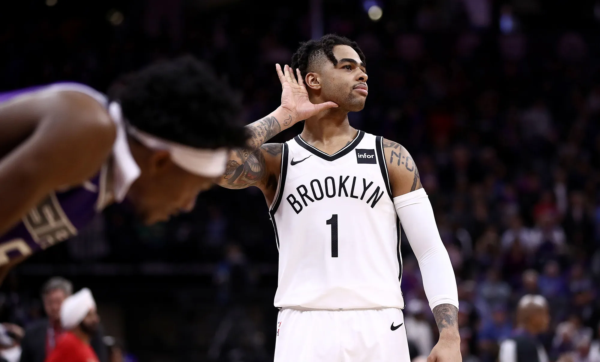 D'Angelo Russell&nbsp;of the Brooklyn Nets reacts towards the crowd after the Nets came back to beat the Sacramento Kings&nbsp;in Sacramento, California&nbsp;on March 19, 2019.&nbsp;
