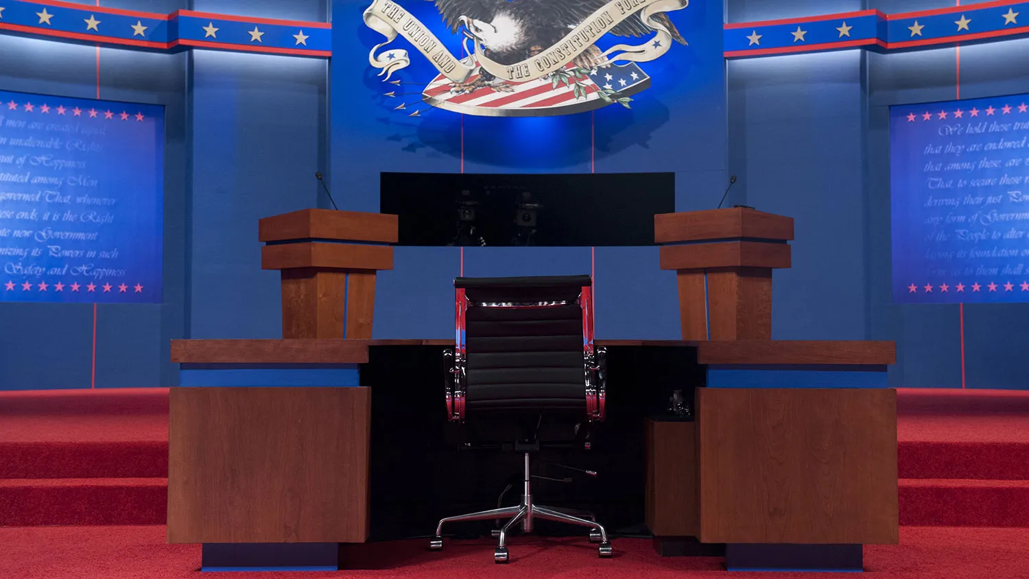 The stage is set prior to the first presidential debate at Magness Arena at the University of Denver in Denver, Colorado, October 3, 2012.
