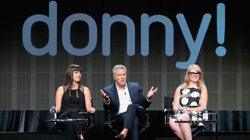 Executive producer Angie Day, TV personalities Donny Deutsch and Emily Tarver during the USA Networks 'donny!' panel discussion at the NBCUniversal portion of the 2015 Summer TCA Tour at The Beverly Hilton Hotel on August 12, 2015.
