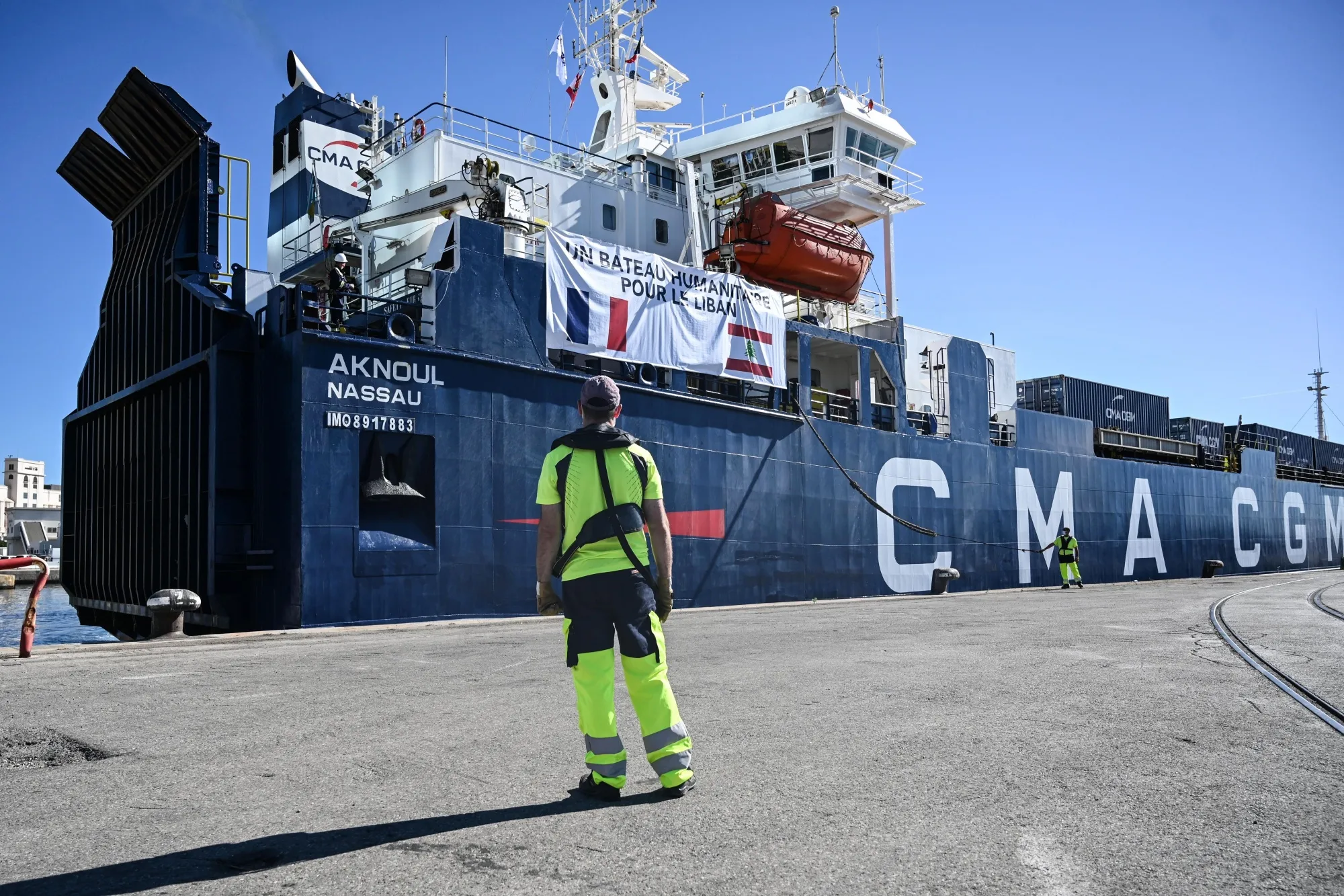 A CMA-CGM container ship readies to leave port carrying supplies for Lebanon, from the southern French port city of Marseille on August 25, 2020.