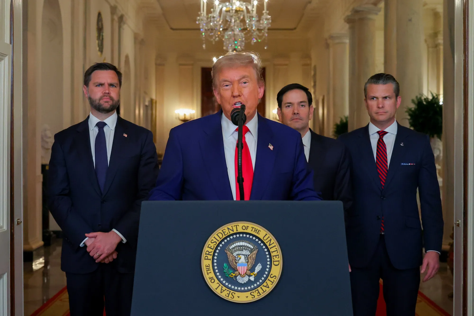 President Donald Trump addresses the nation in the East Room of the White House in Washington, DC, on June 21.