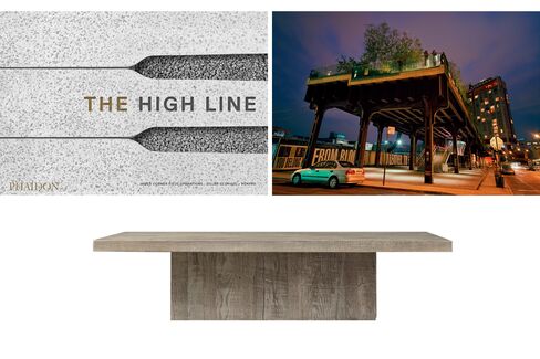 Pictured: The High Line at night, with construction under way for the new Whitney Museum (top); Restoration Hardware’s reclaimed wood coffee table (bottom).