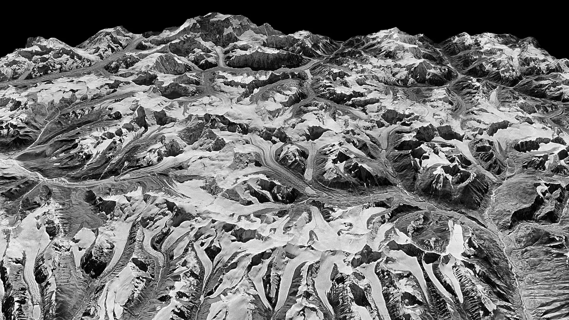 Oblique view of Himalayan landscape captured by a KH-9 HEXAGON satellite on Dec. 20, 1975 on the border between eastern Nepal and Sikkim, India.&nbsp;