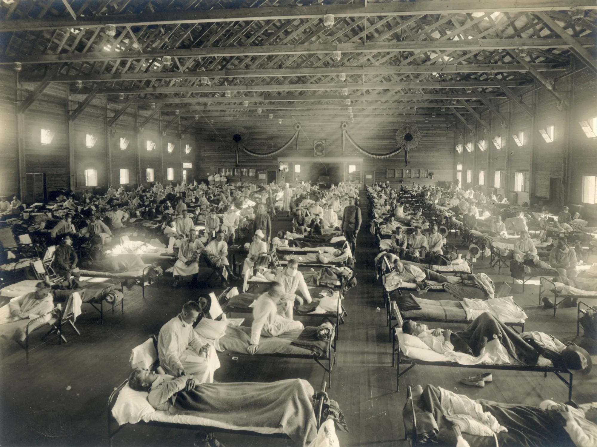 Soldiers from Fort Riley, Kansas, ill with Spanish flu at a hospital ward in 1918.